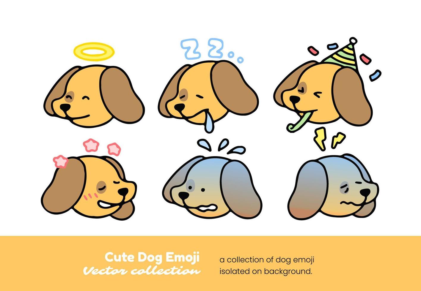 A set of cute dog emojis showing sleep, with a halo, partying, and being shy, isolated on a background vector illustration.