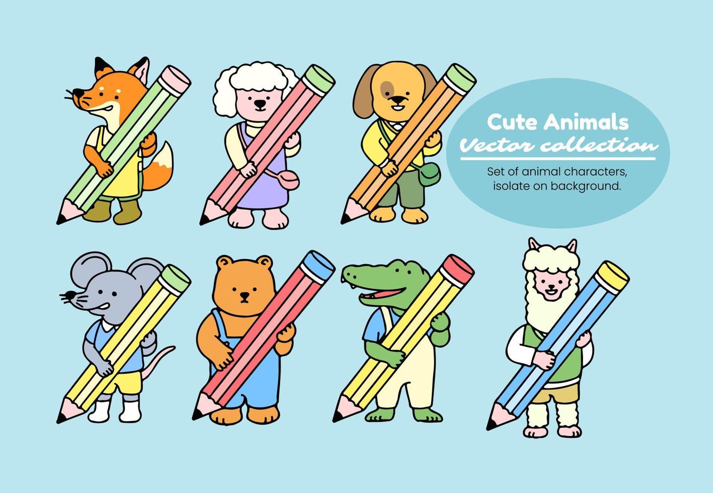 A set of cute animal holding big pencils, including alpaca, dog, mice, crocodile, and bear, isolated on a background vector illustration.