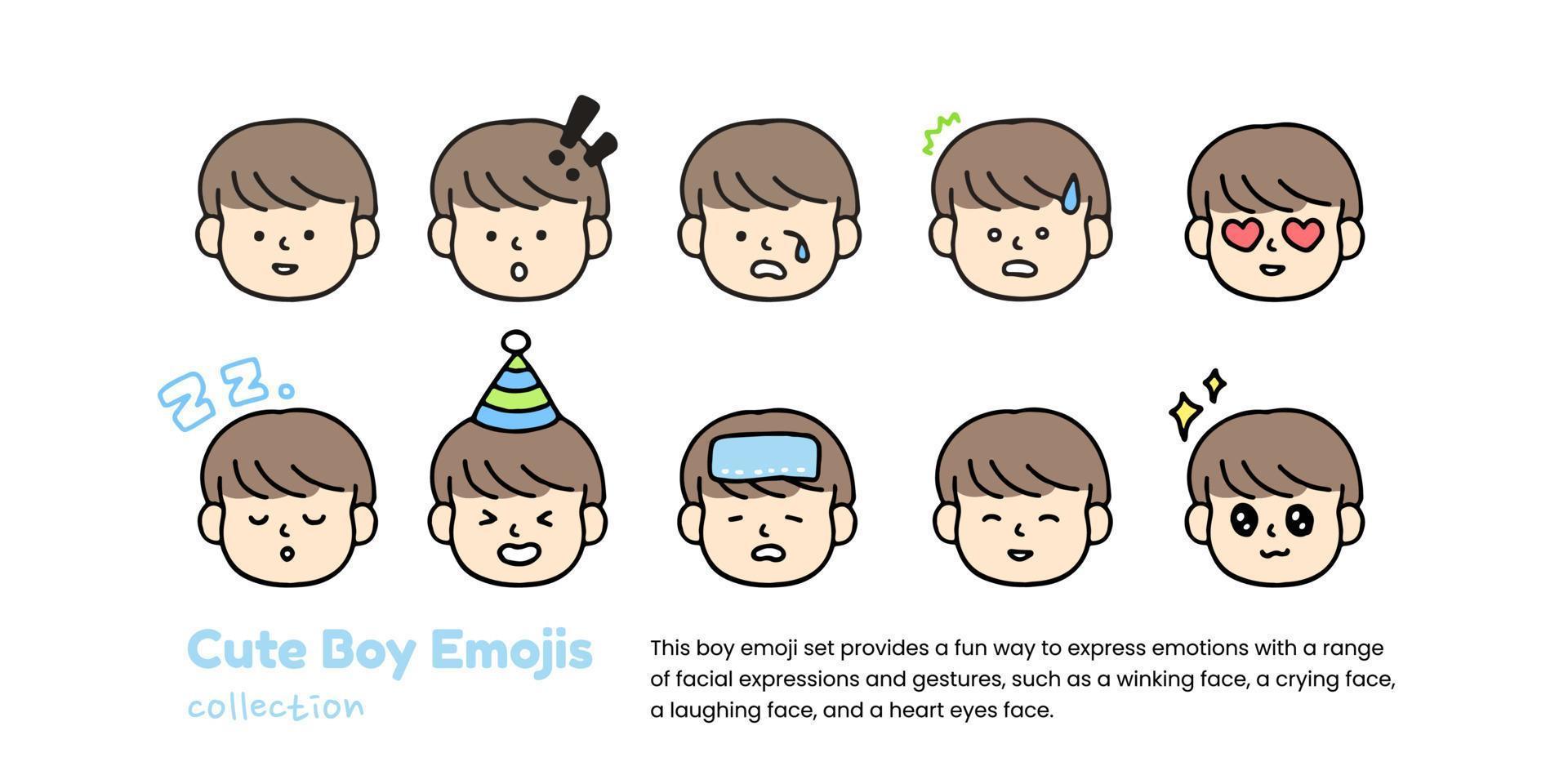 A set of cute boy emojis pleading, showing love, crying, and showing shock, isolated on a background vector illustration.