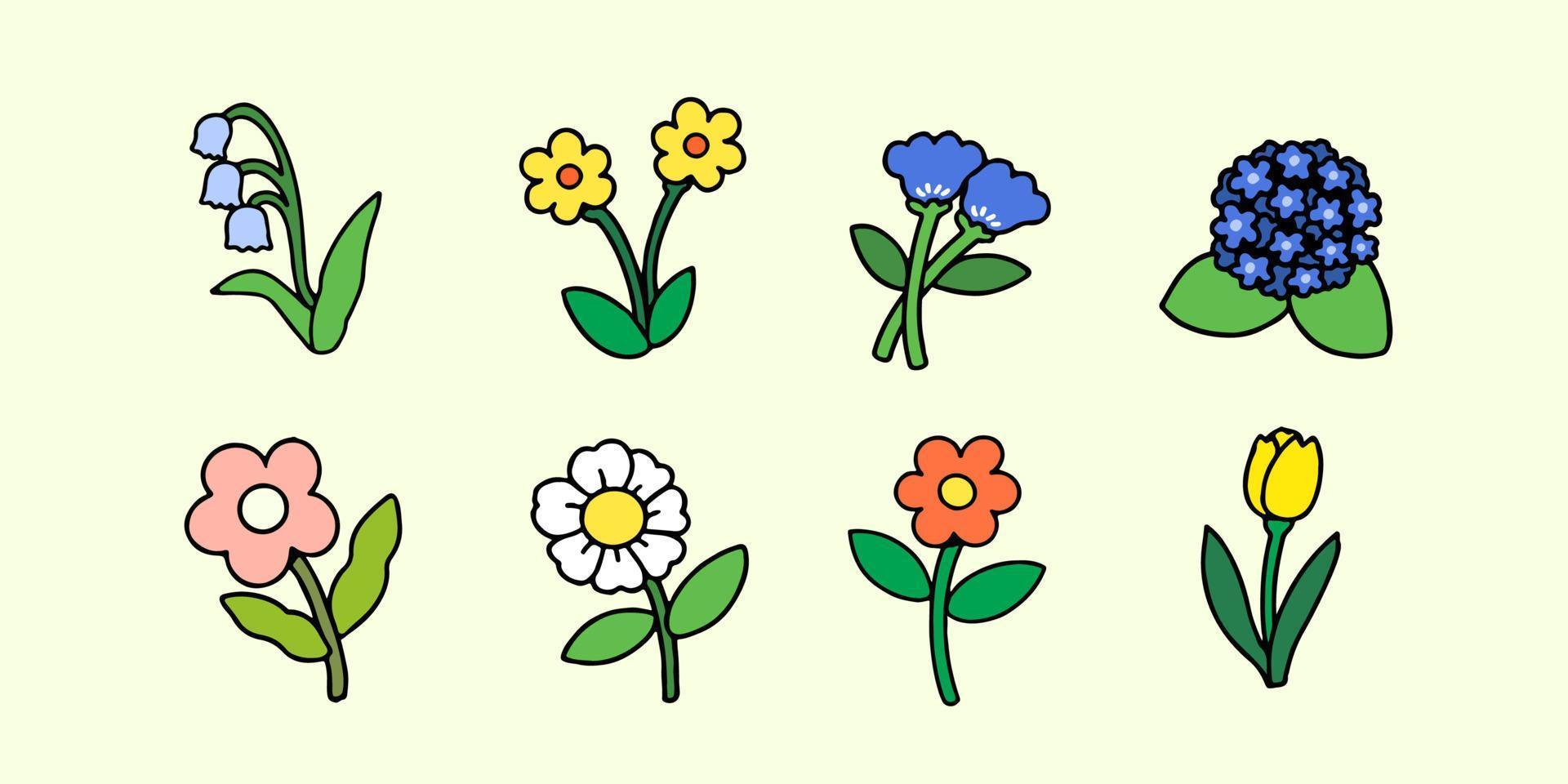 A Set of Hand-Drawn Flowers in Doodle Style, Isolated on a Background. Vector Illustration.