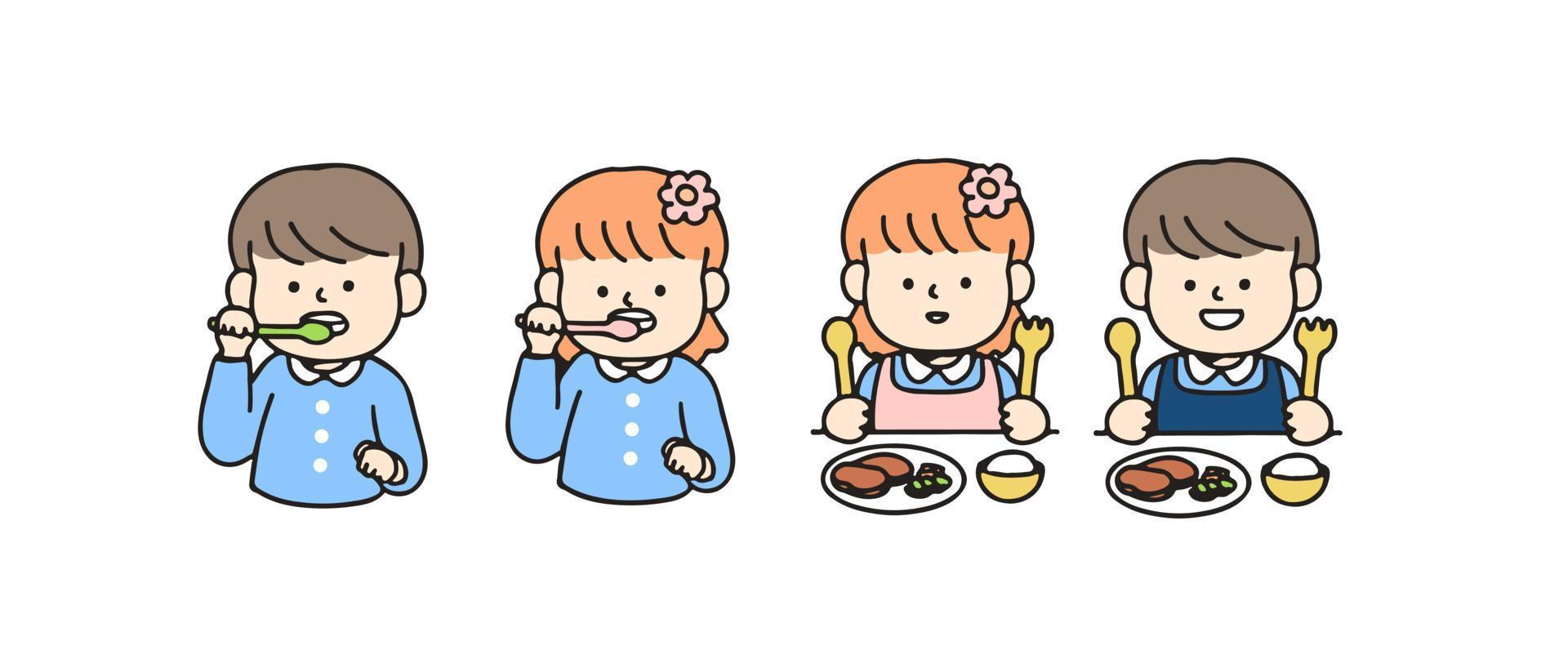 pequeño niño cepillado un dientes y comiendo. linda dibujos animados caracteres, espalda a colegio concepto vector