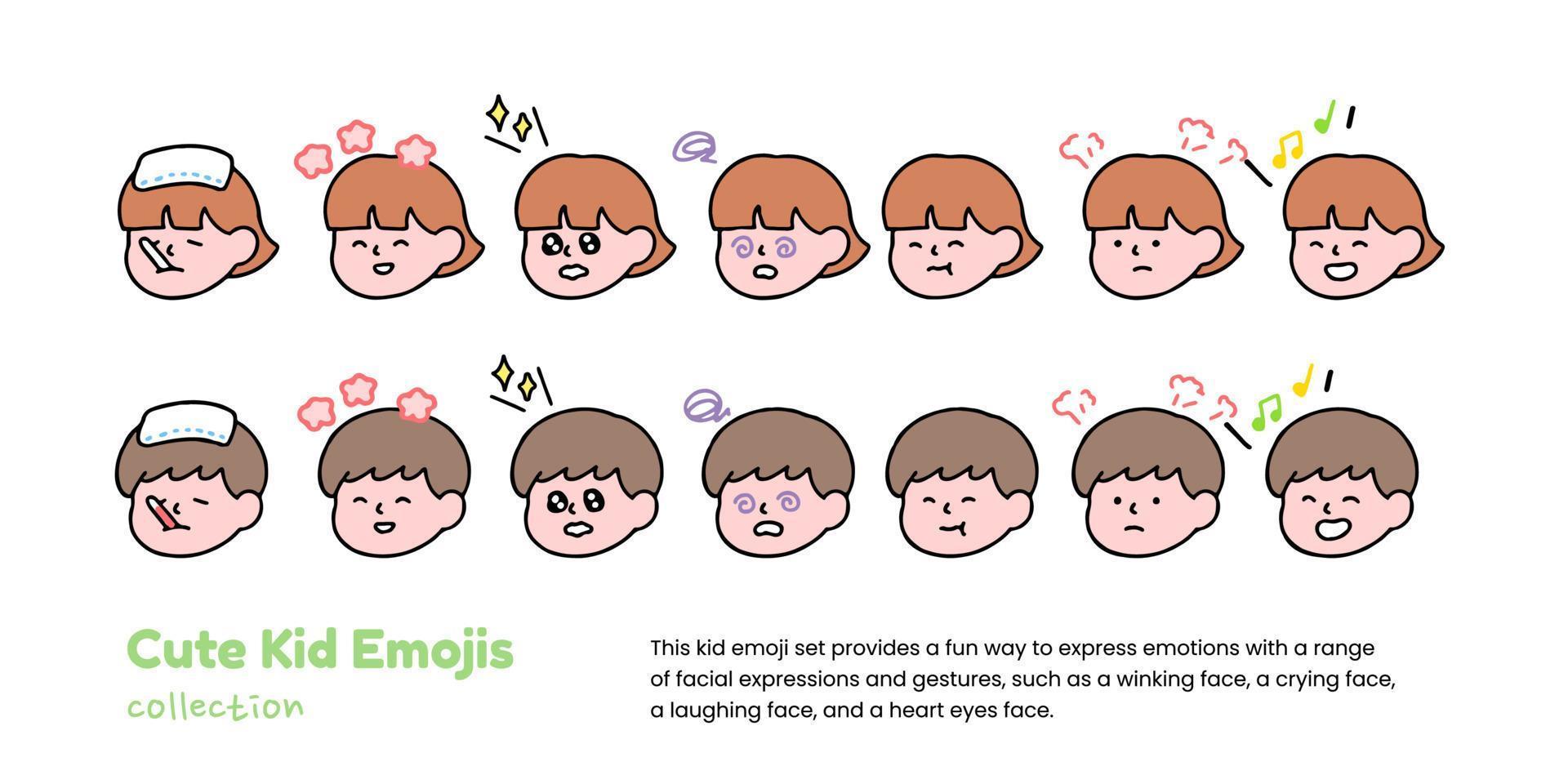 A set of cute boy emojis pleading, showing love, crying, and showing shock, isolated on a background vector illustration.