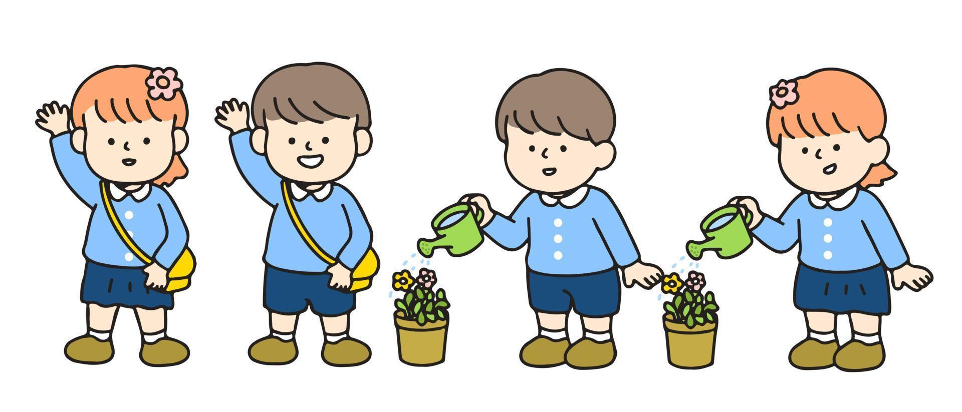 pequeño niño saludo y riego planta. linda dibujos animados caracteres, espalda a colegio concepto vector