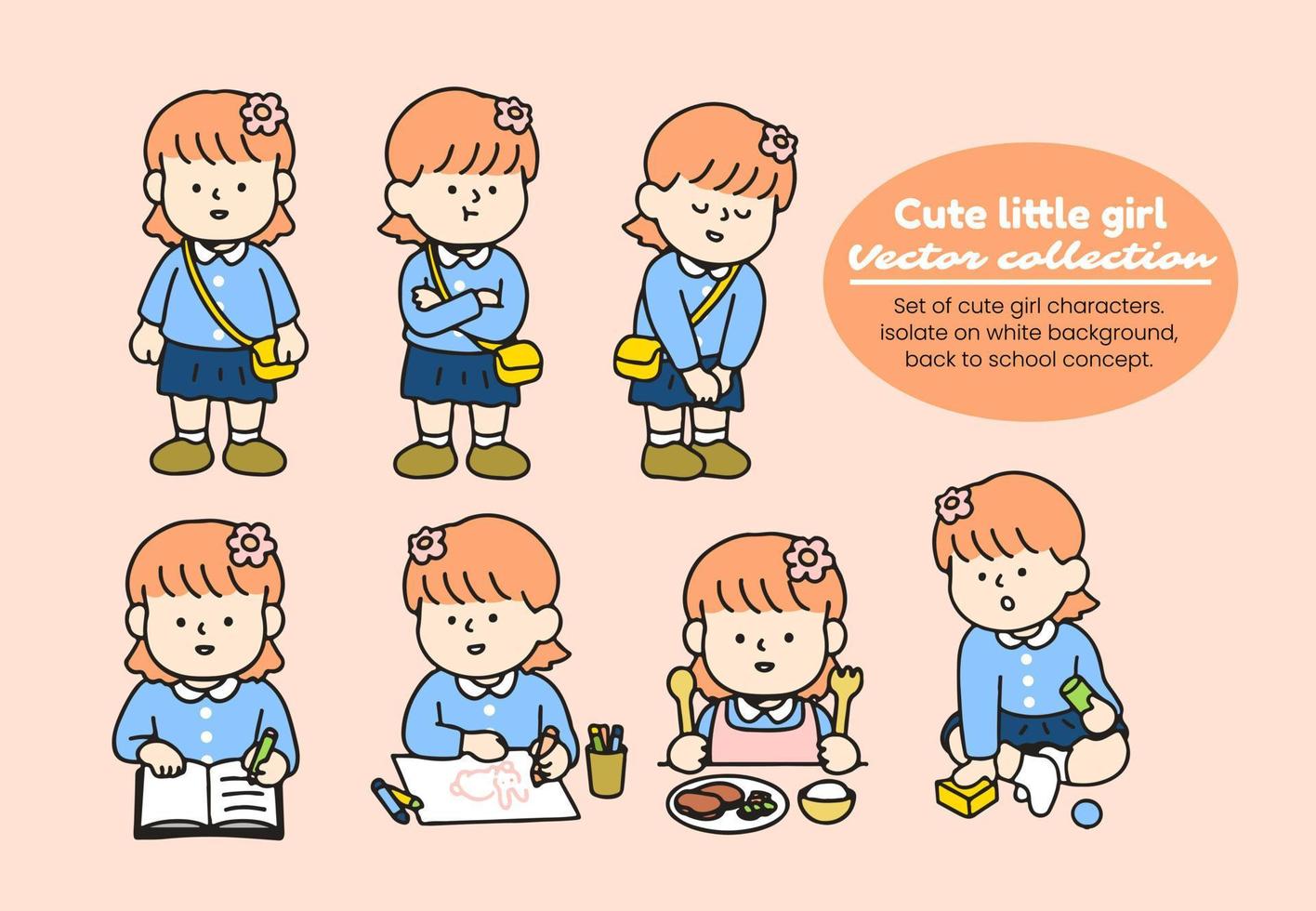 Set of cute girl characters. isolate on white background, back to school concept. vector