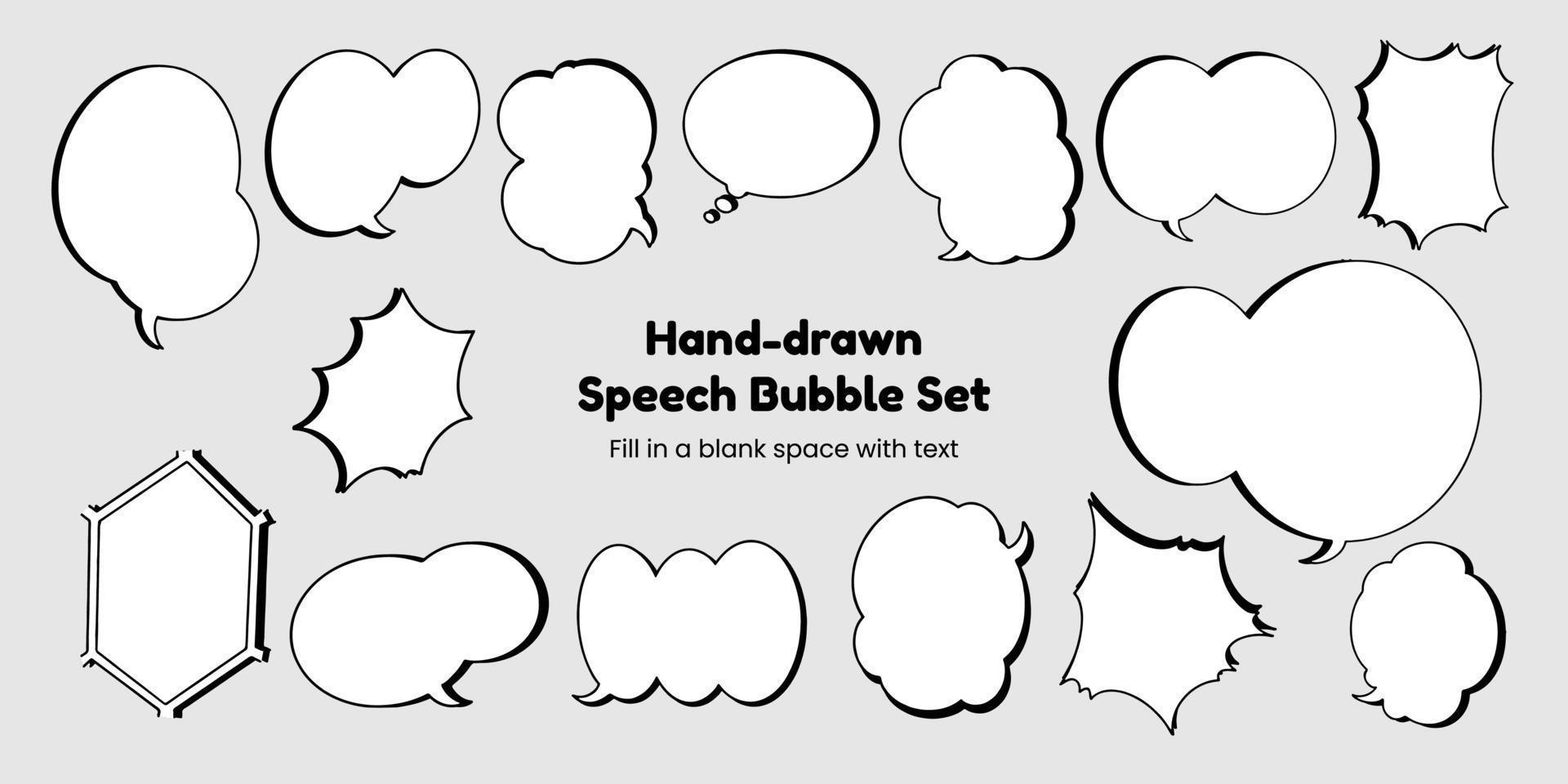 Set of simple, hand-drawn speech bubbles or balloons, including dialogue, comic text, and word balloons. Vector illustrations.