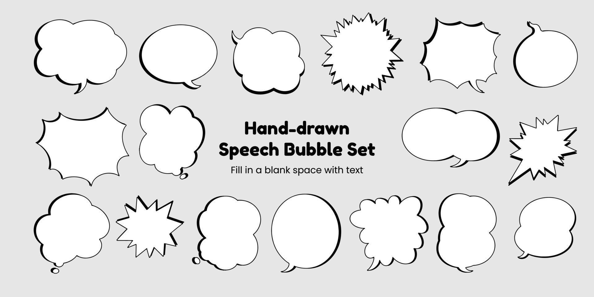 Set of simple, hand-drawn speech bubbles or balloons, including dialogue, comic text, and word balloons. Vector illustrations.