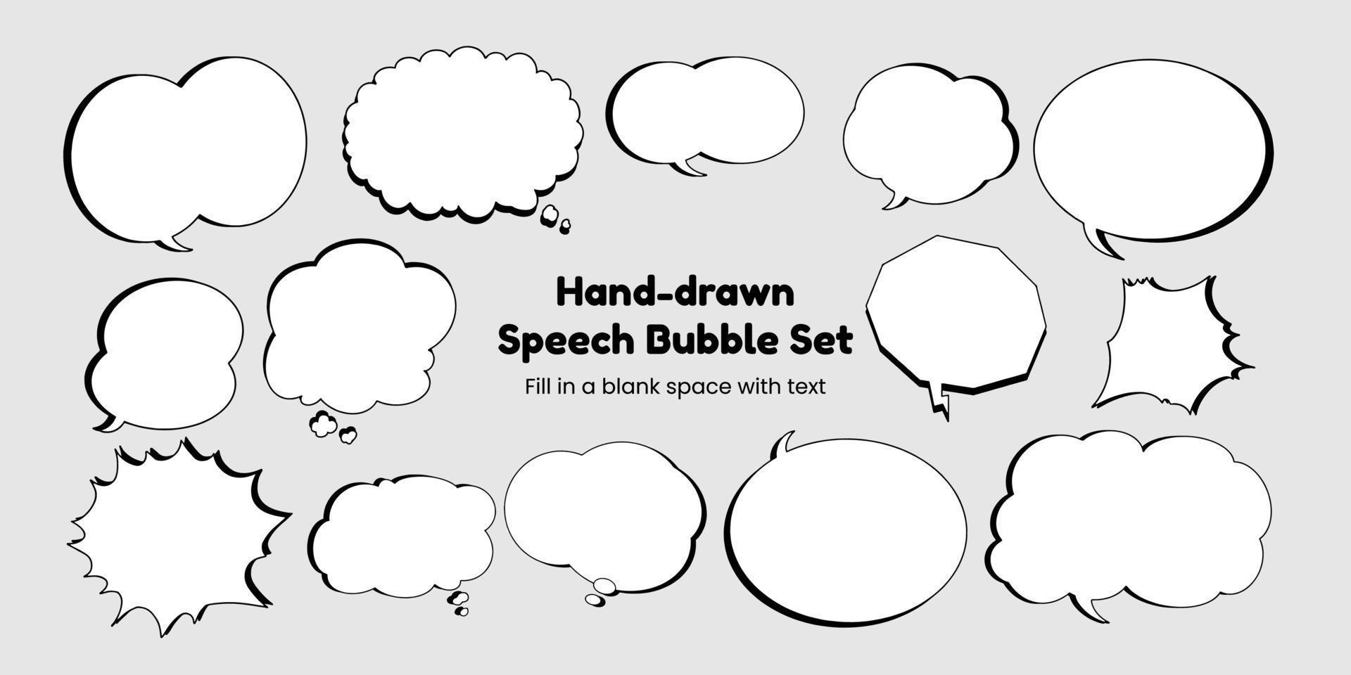 Set of simple, hand-drawn speech bubbles or balloons, including dialogue, comic text, and word balloons. Vector illustrations.