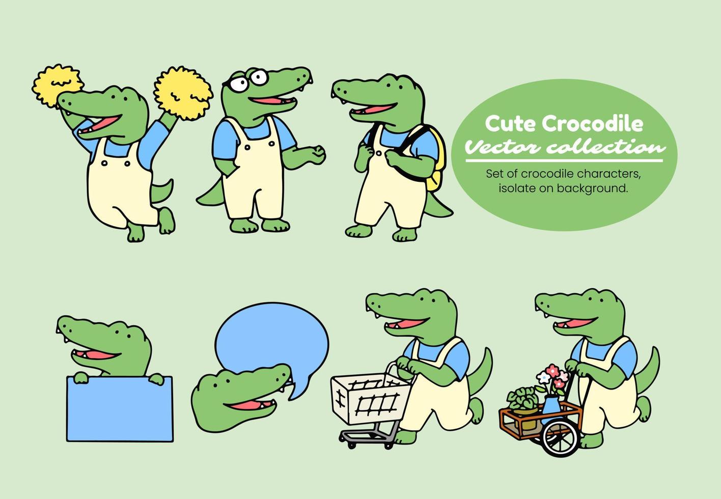 Set of cute crocodile cartoon character, back to school concept. isolated on white background, vector illustration.