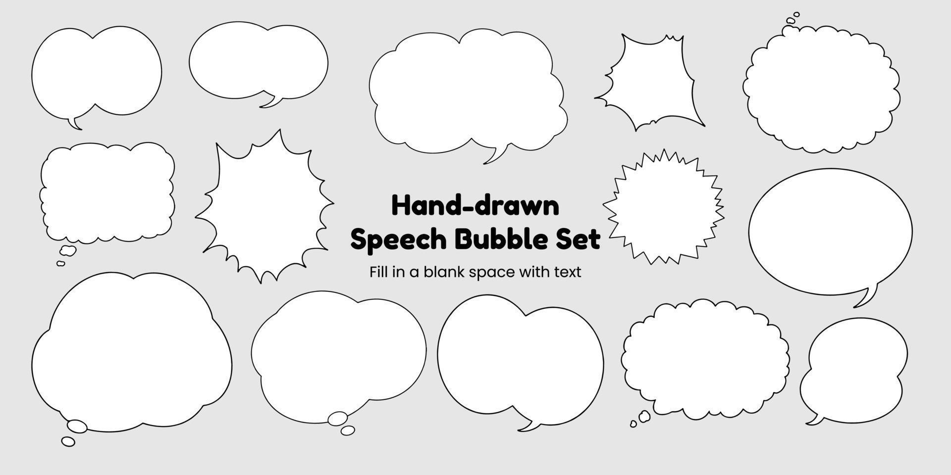 Set of simple, hand-drawn speech bubbles or balloons, including dialogue, comic text, and word balloons. Vector illustrations.