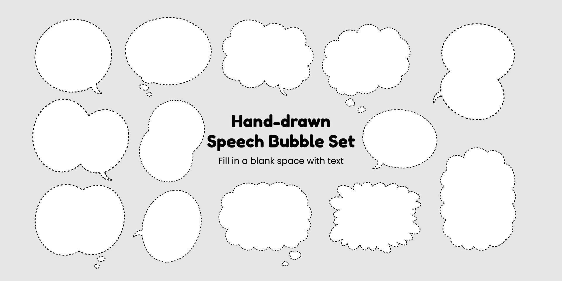 Set of simple, hand-drawn speech bubbles or balloons, including dialogue, comic text, and word balloons. Vector illustrations.