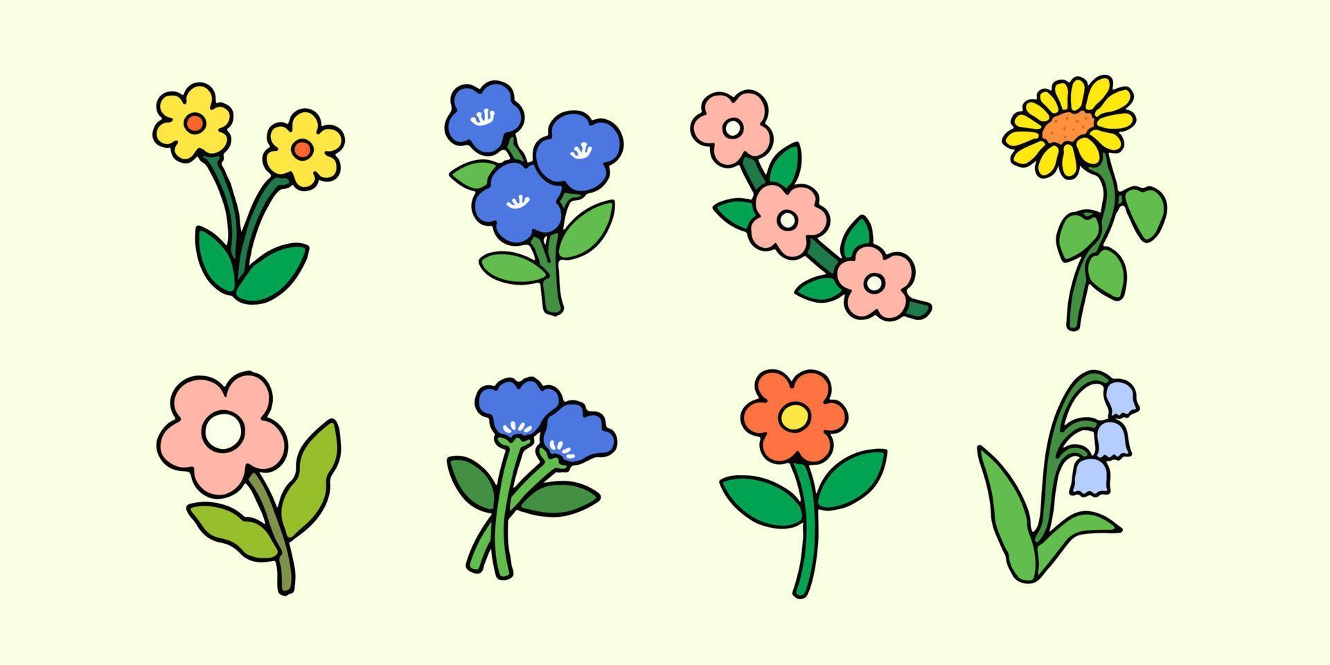 un conjunto de dibujado a mano flores en garabatear estilo, aislado en un antecedentes. vector ilustración.