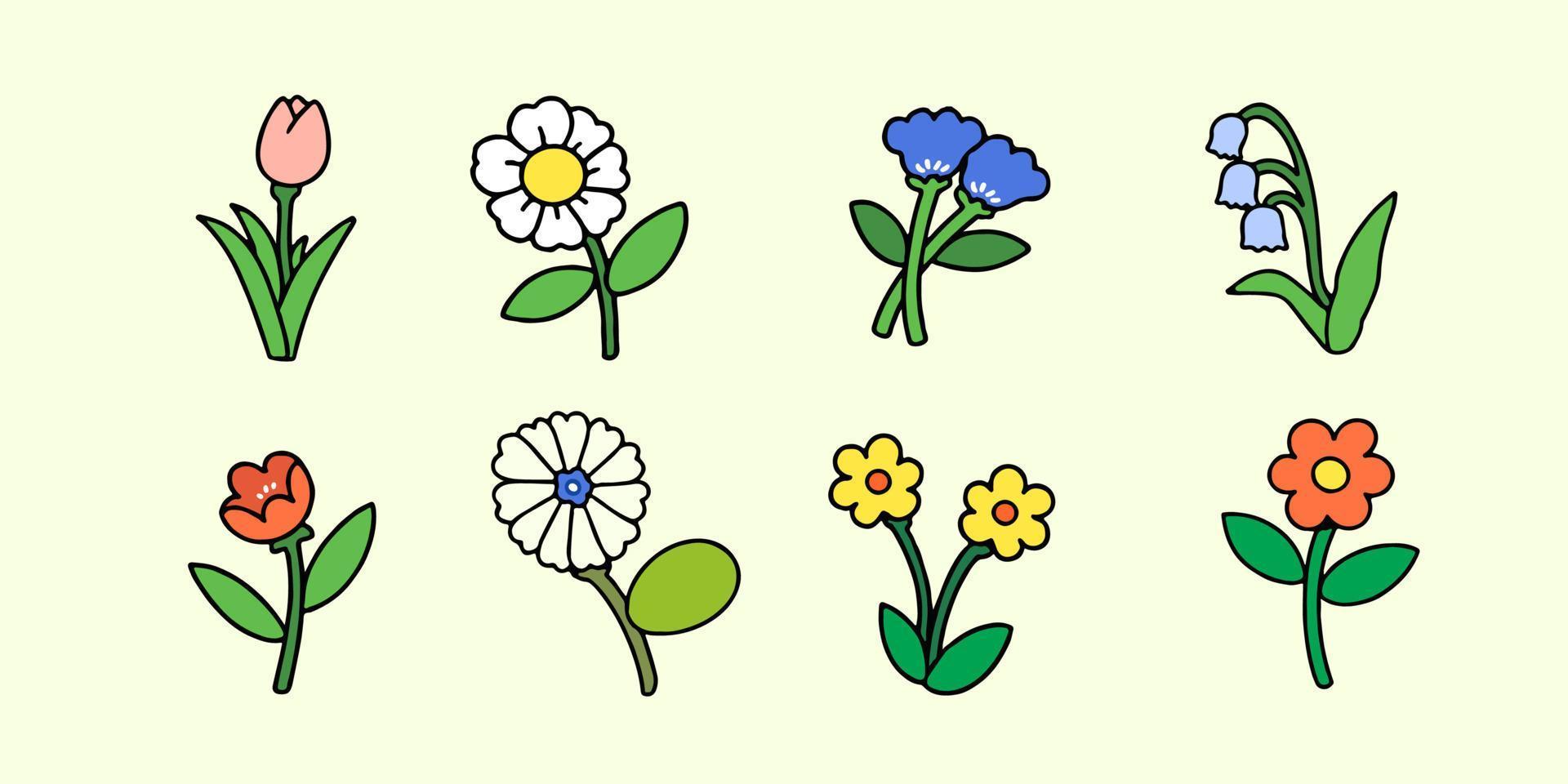 un conjunto de dibujado a mano flores en garabatear estilo, aislado en un antecedentes. vector ilustración.