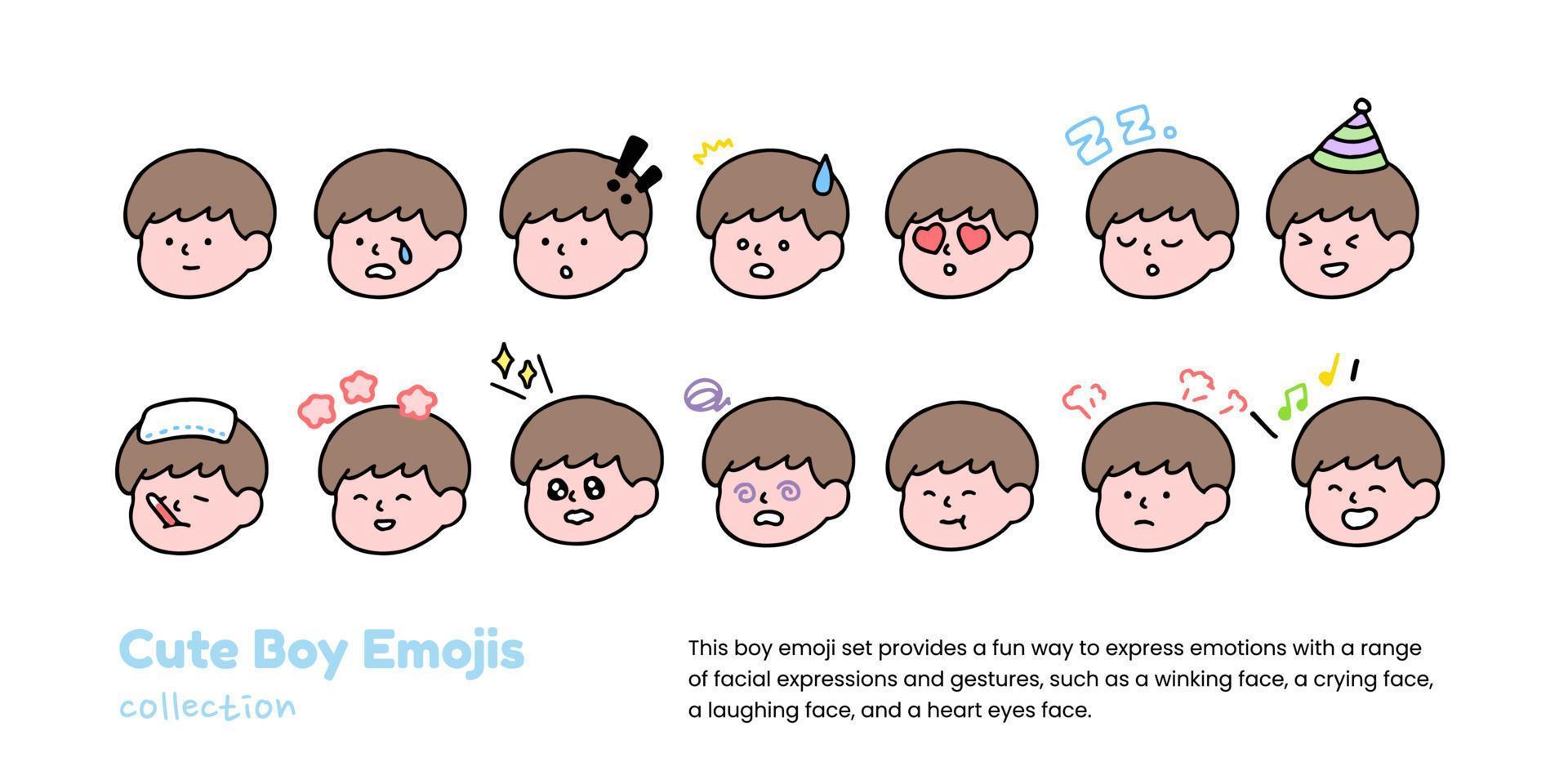 A set of cute boy emojis pleading, showing love, crying, and showing shock, isolated on a background vector illustration.