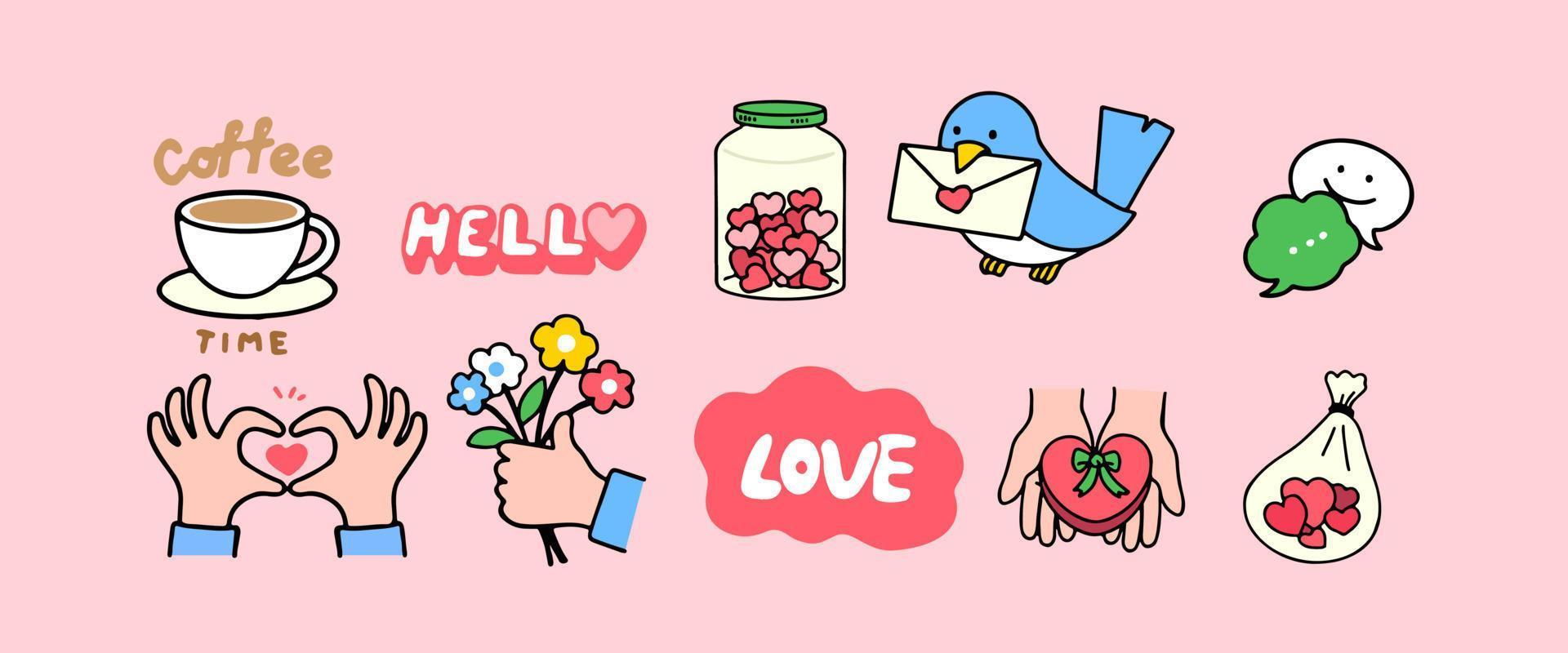 Set of cute vector love stickers for daily planner and diary. Collection of scrapbooking design elements for valentines day.