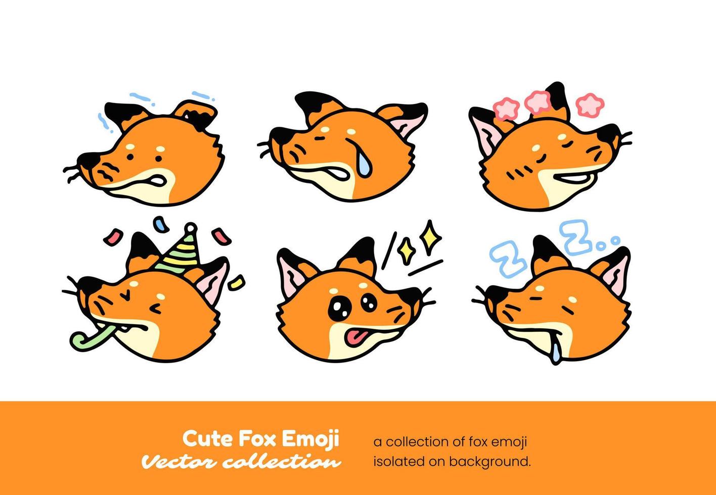 A set of cute fox emojis showing fear, being shy, crying, and sleeping, isolated on a background vector illustration.