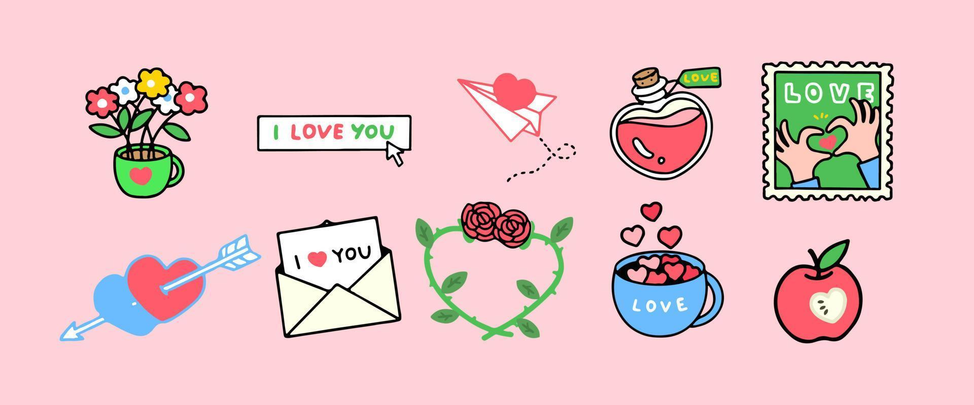 Set of cute vector love stickers for daily planner and diary. Collection of scrapbooking design elements for valentines day.