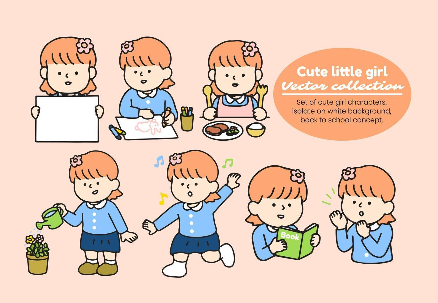 Set of cute girl characters. isolate on white background, back to school concept. vector