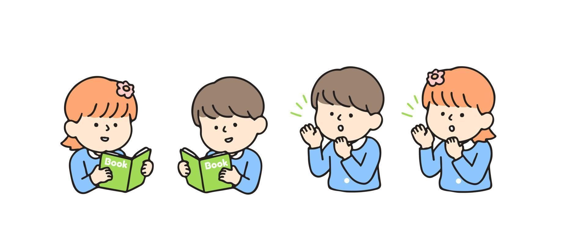 Little kid reading a book and whispering. Cute cartoon characters, Back to school concept vector