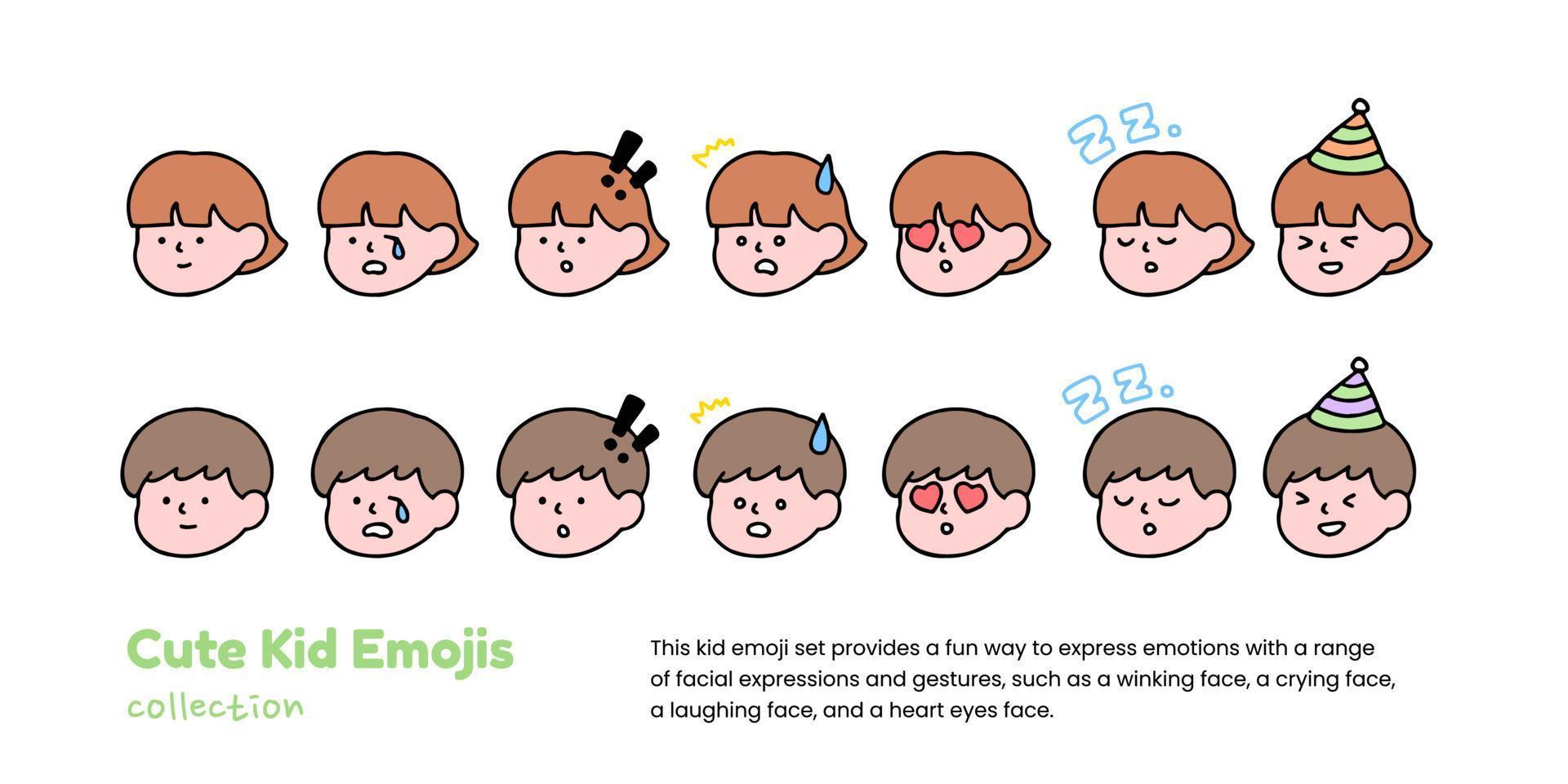 A set of cute kid emojis pleading, showing love, crying, and showing shock, isolated on a background vector illustration.
