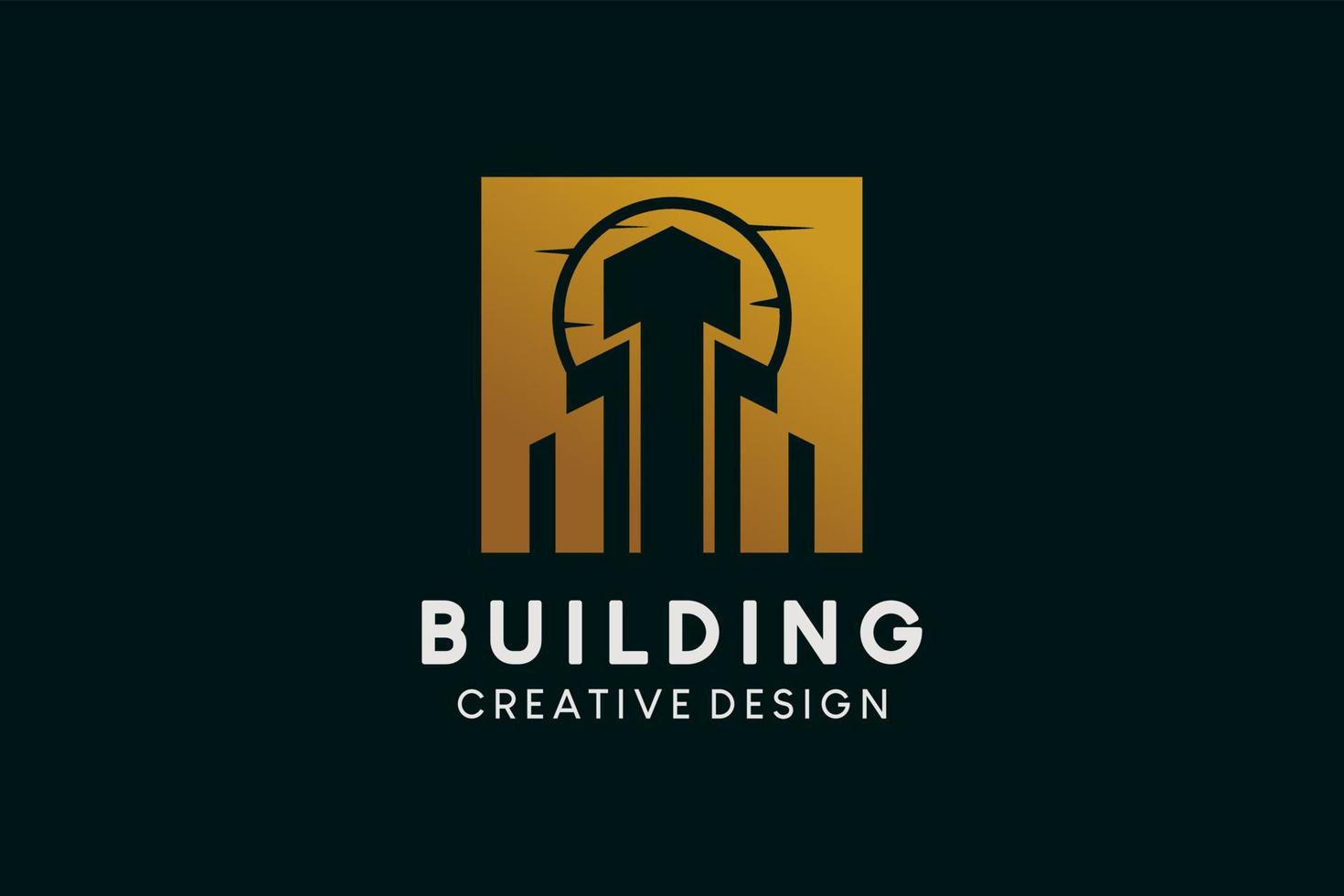 edificio logo diseño con negativo espacio oro color vector