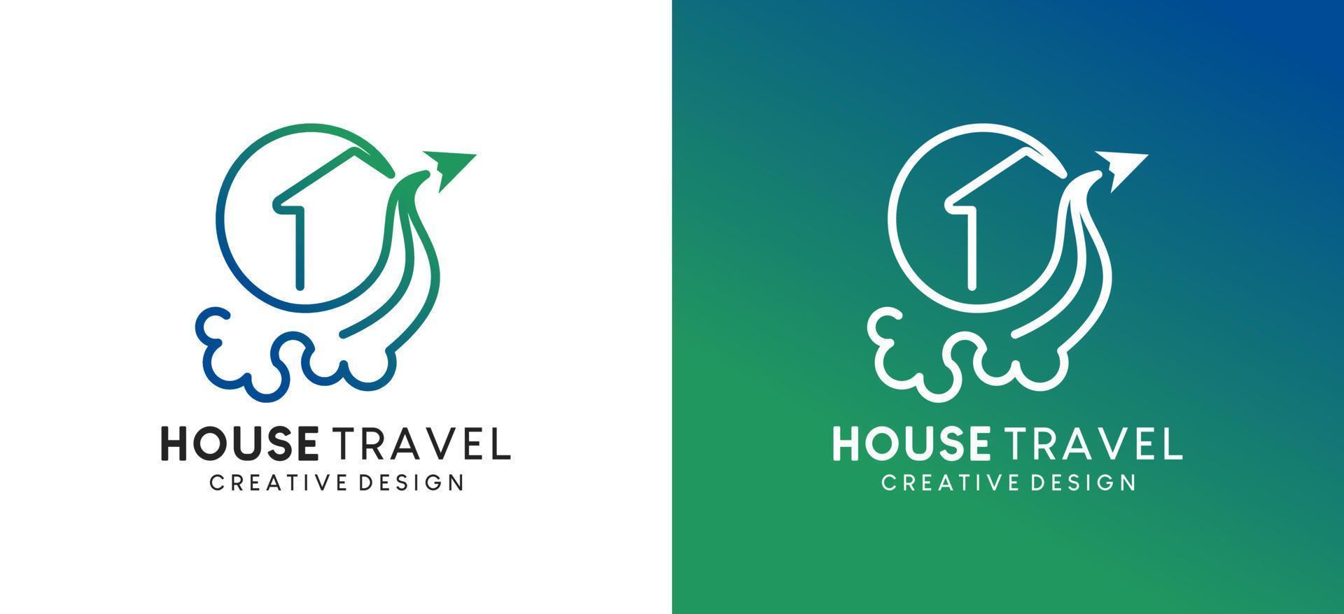 Travel home logo design with creative line art style vector
