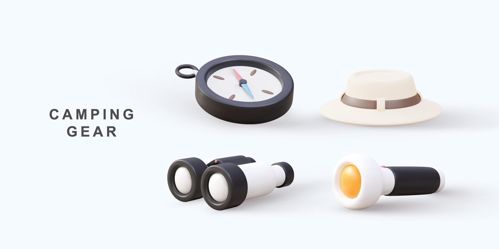 3d realistic set of elements for camping, flashlight, compass, binocular and hat. Vector illustration.