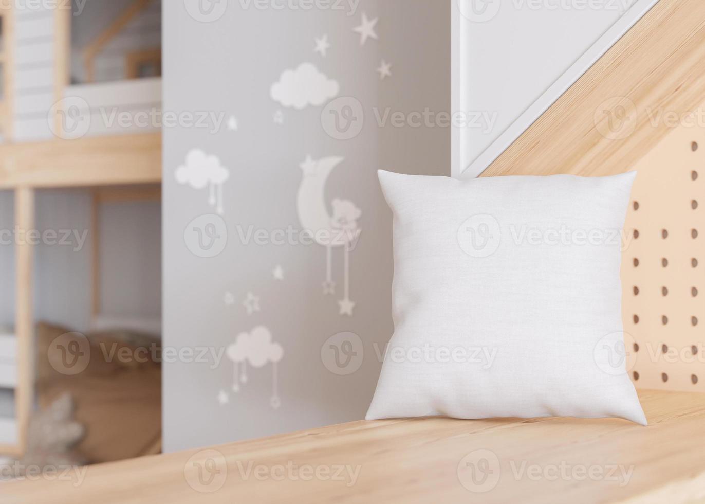 blanco cuadrado almohada en niños habitación. blanco amortiguar caso modelo para tu gráfico diseño presentación. almohada cubrir burlarse de arriba para imprimir, patrón, personalizado ilustración. de cerca. 3d representación. foto