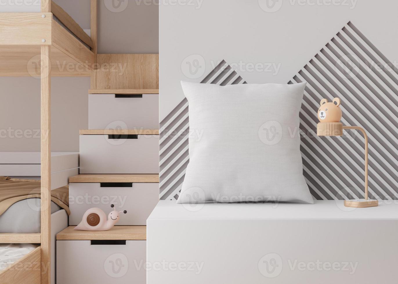 blanco cuadrado almohada en niños habitación. blanco amortiguar caso modelo para tu gráfico diseño presentación. almohada cubrir burlarse de arriba para imprimir, patrón, personalizado ilustración. de cerca. 3d representación. foto