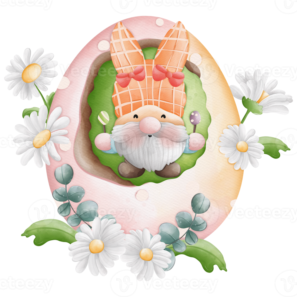 Watercolor cute easter gnome in easter egg, bunny gnome, Spring Rabbit Gnome Easter Elements png