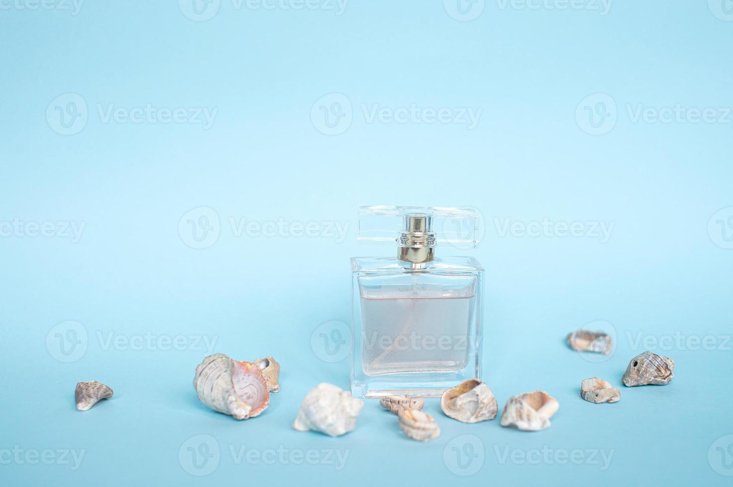 A bottle of perfume stands on a blue background near seashells 20787213