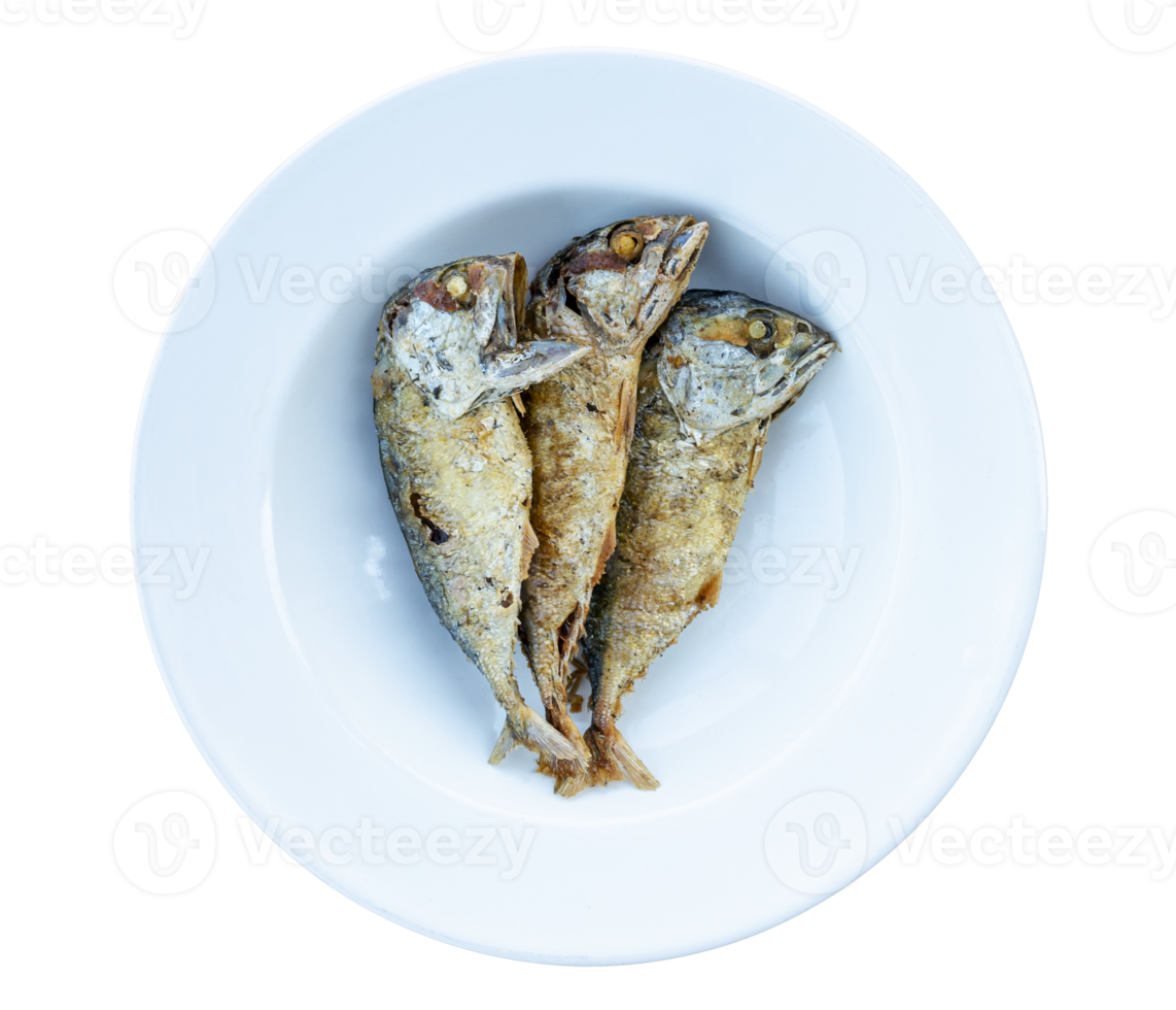 Three fried mackerel fish on white plate png