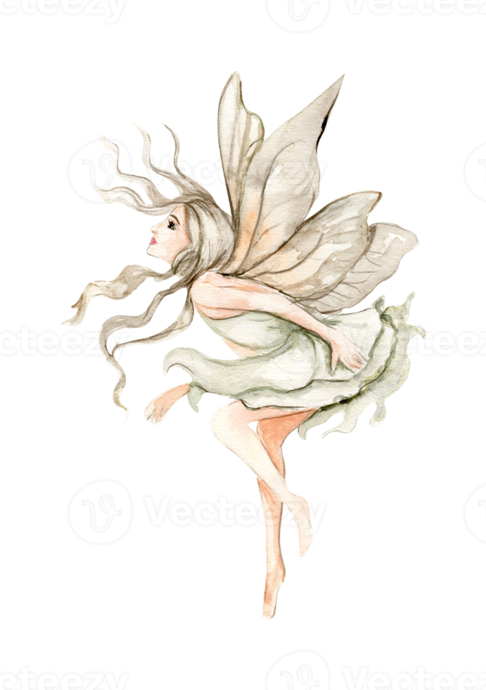 Watercolor cartoon fairy with magic wings. Watercolor hand draw fairy tale illustration. Illustartion with white isolated background. Perfect for greeting card, poster, wedding invitation, party decor png