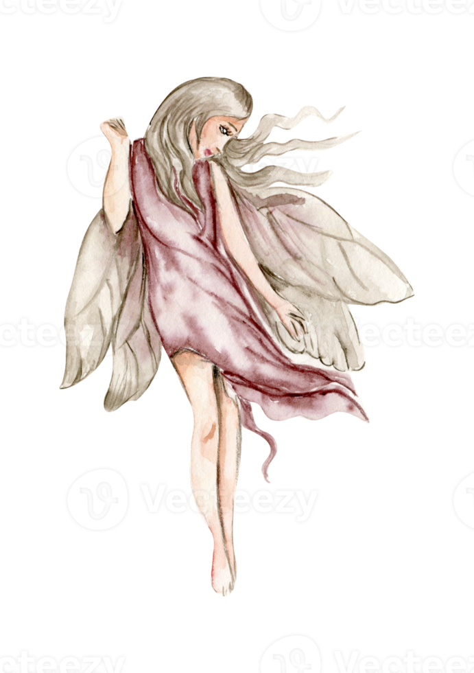 Watercolor cartoon fairy with magic wings. Watercolor hand draw fairy tale illustration. Illustartion with white isolated background. Perfect for greeting card, poster, wedding invitation, party decor png