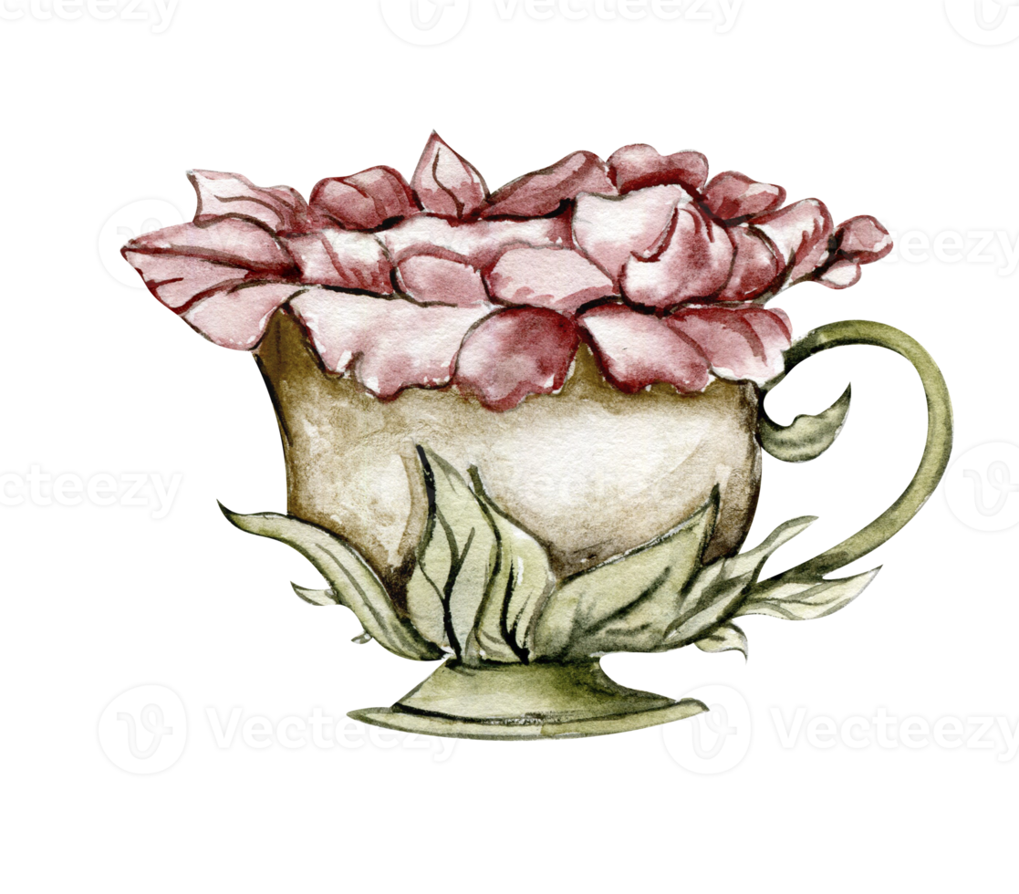 Watercolor illustration with flower in cup. Hand drawn element. Forest cute mushroom isolated on white. Cute hand painted fairy tale illustration for greeting cards, prints, post cards and souvenirs. png