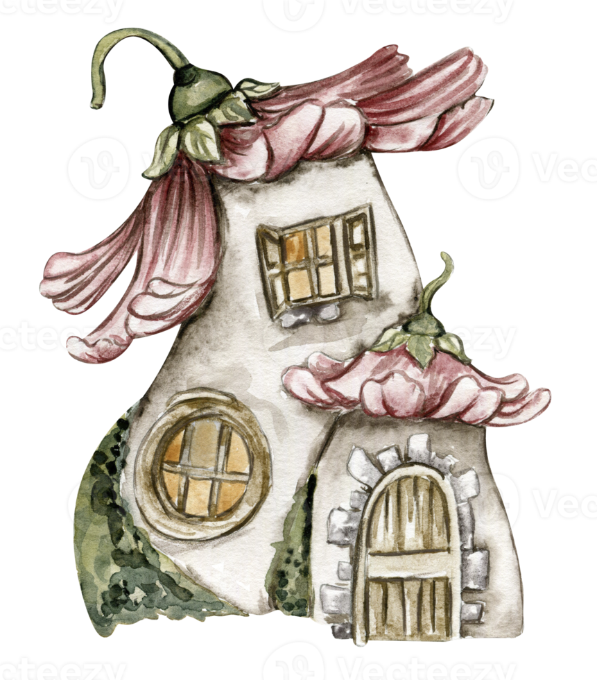 Watercolor cartoon fairy tale house with wooden door. Watercolor hand drawn fairy tale illustration. Illustration on white isolated background. Perfect for greeting card, poster. png