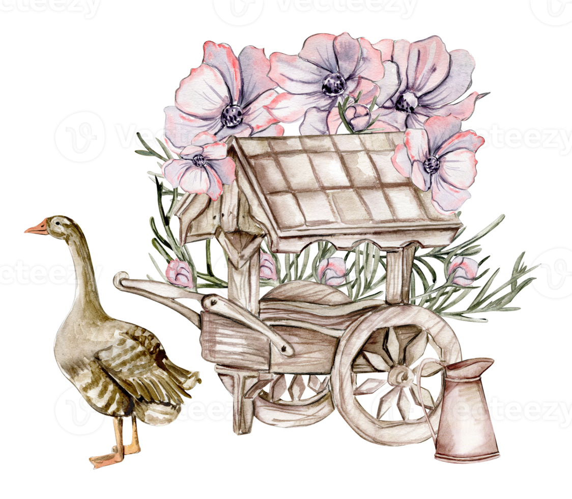 Watercolor composition of an old wooden cart and pink flower  with goose . Hand-drawn illustration with watercolour on a white background.Perfect for wedding invitation, greetings card. png