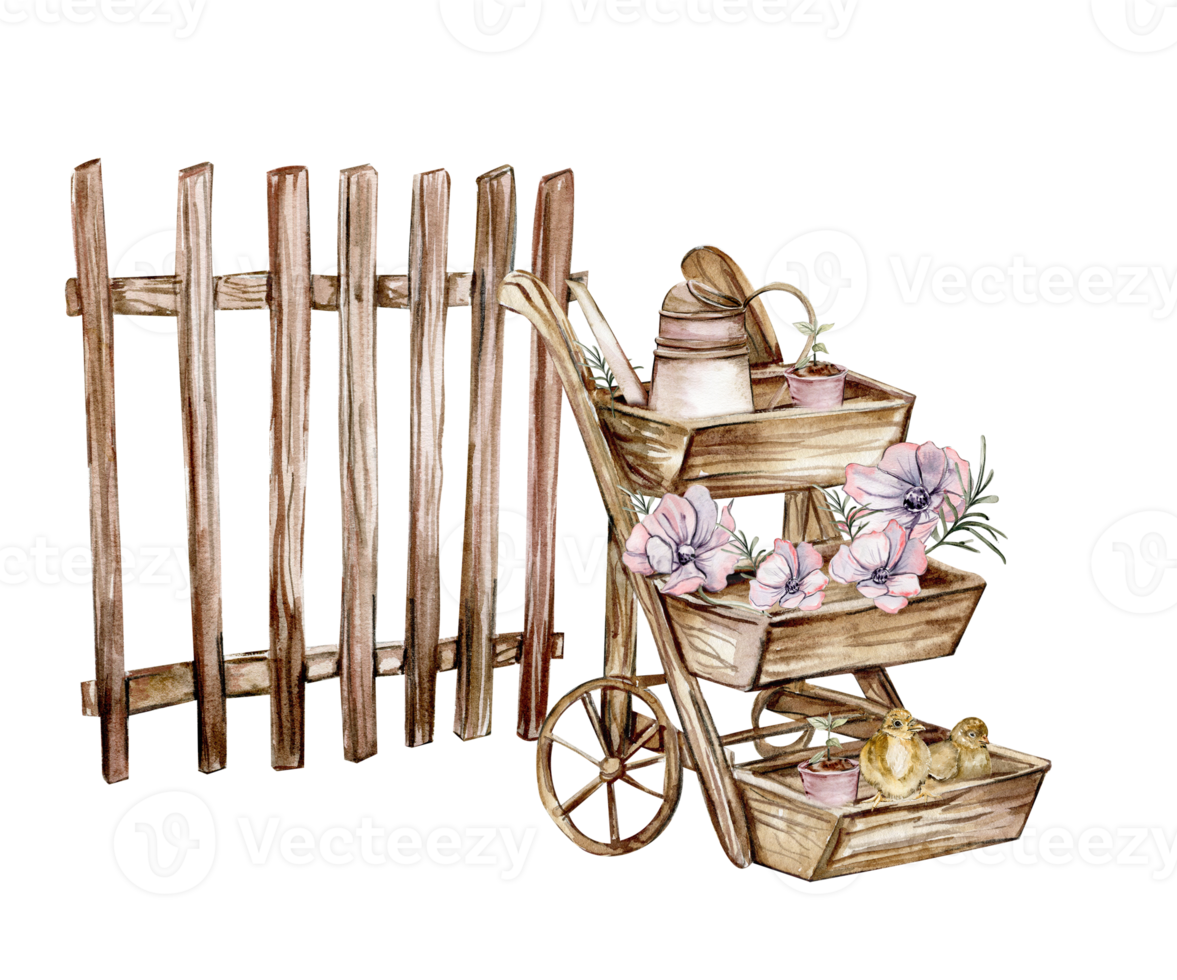 Watercolor composition of an old wooden cart and pink flower.An old rusty enamel element. Hand-drawn illustration with watercolour on a white background.Perfect for wedding invitation, greetings card. png