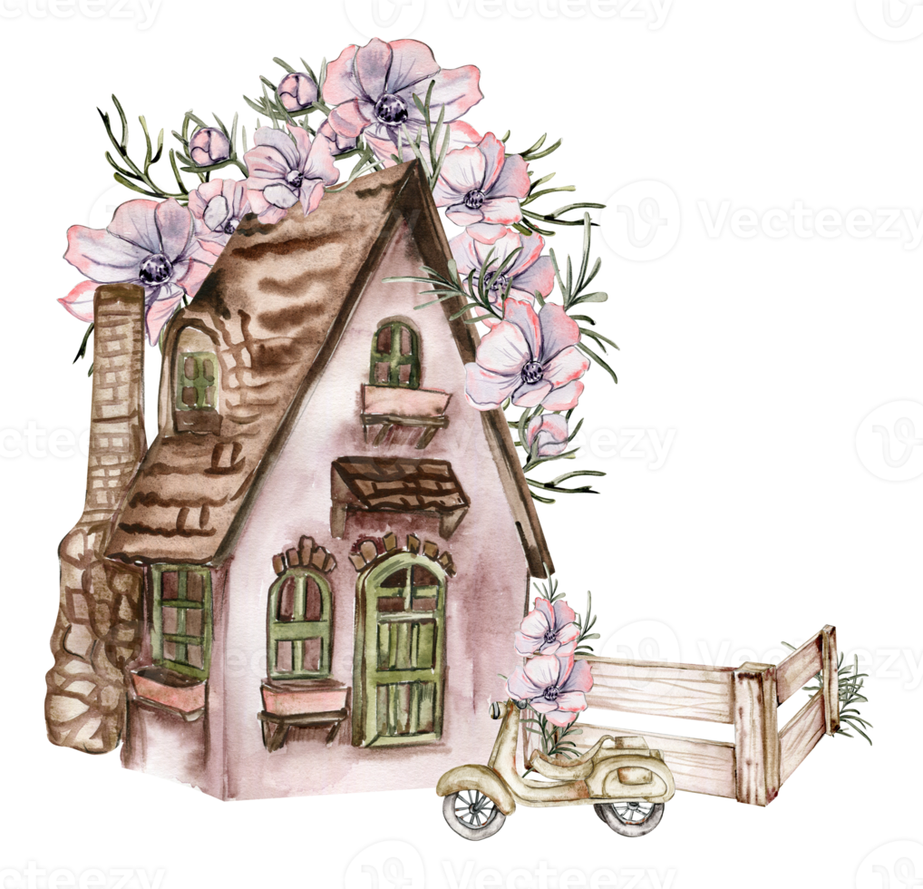 Aquarell Komposition von ein alt hölzern Bauernhof Haus und Rosa Blume . Hand gezeichnet Illustration mit Aquarell auf ein Weiß Hintergrund. perfekt zum Hochzeit Einladung, Schöne Grüße Karte. png
