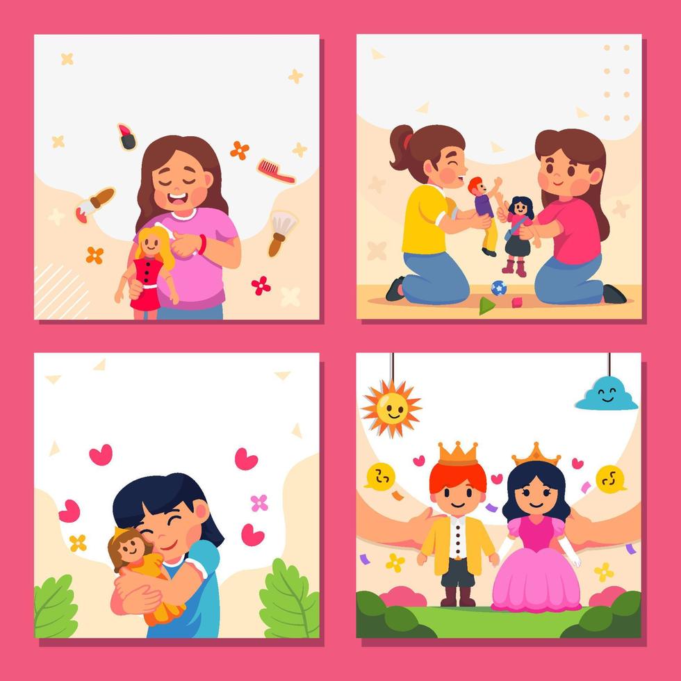 Social Media Posts Template of Girls Playing with Dolls vector