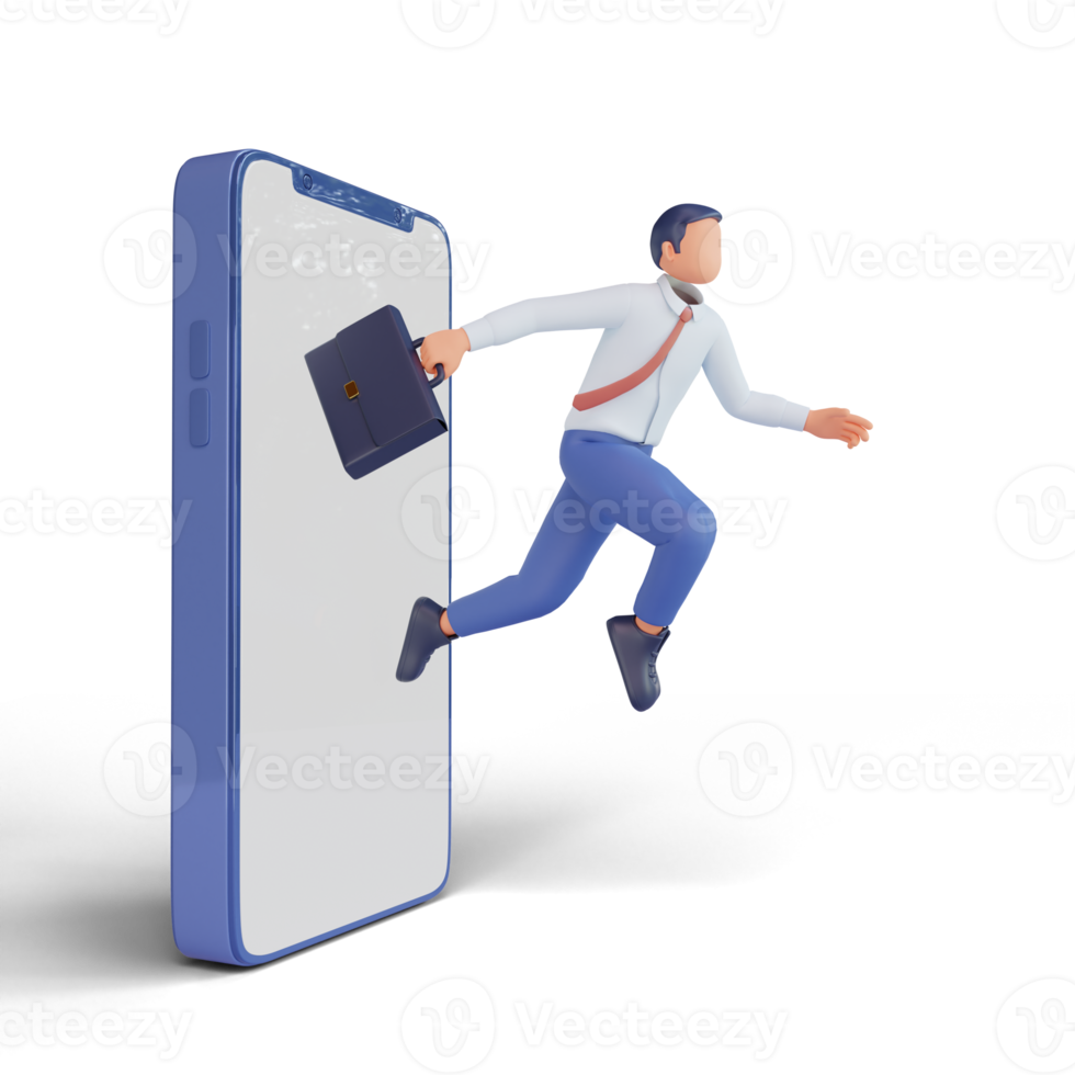 3d render businessman and mobile phone png