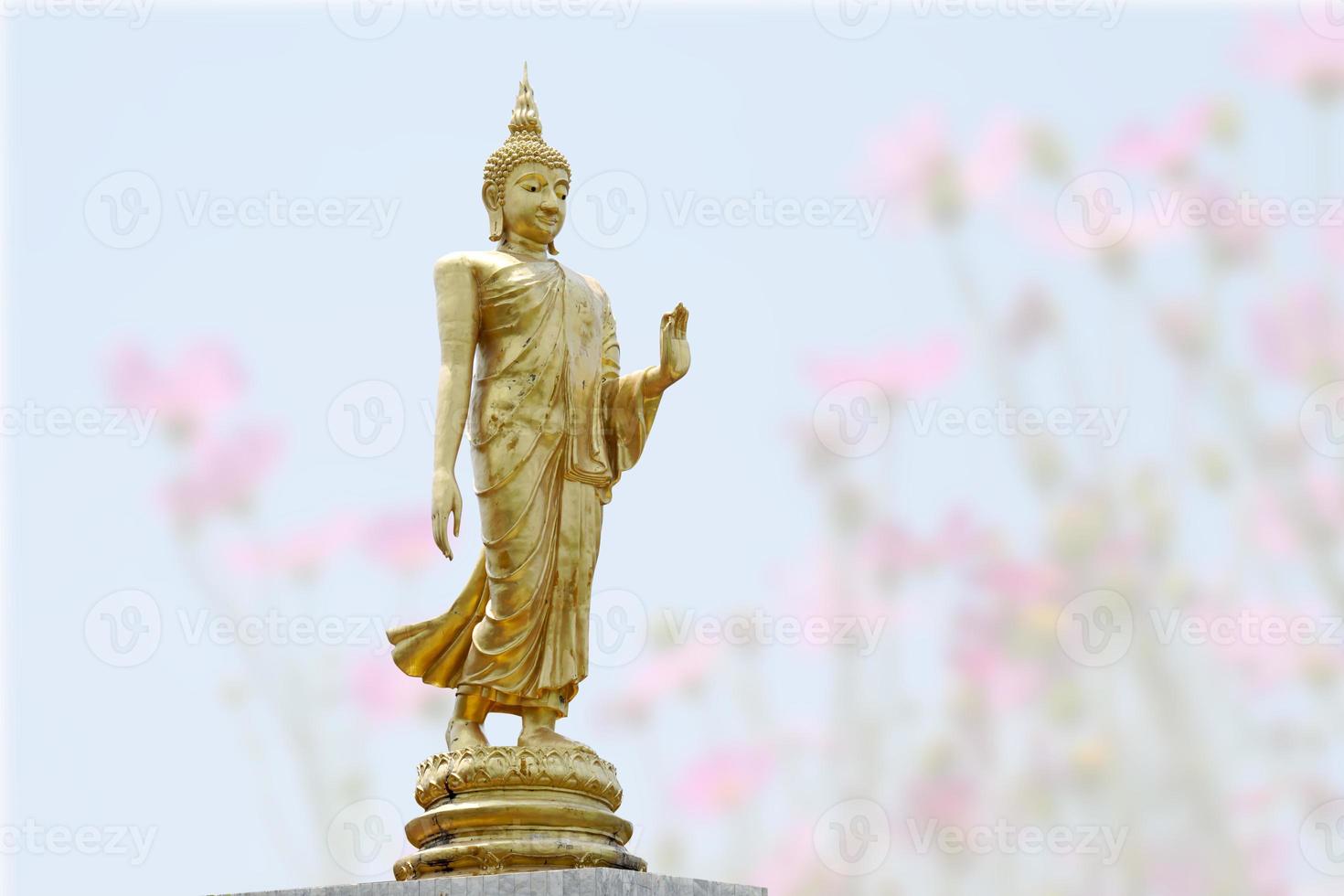 Makha Asanaha Visakha Bucha Day Golden Buddha image. Background of Bodhi leaves with shining light. Soft image and smooth focus style photo