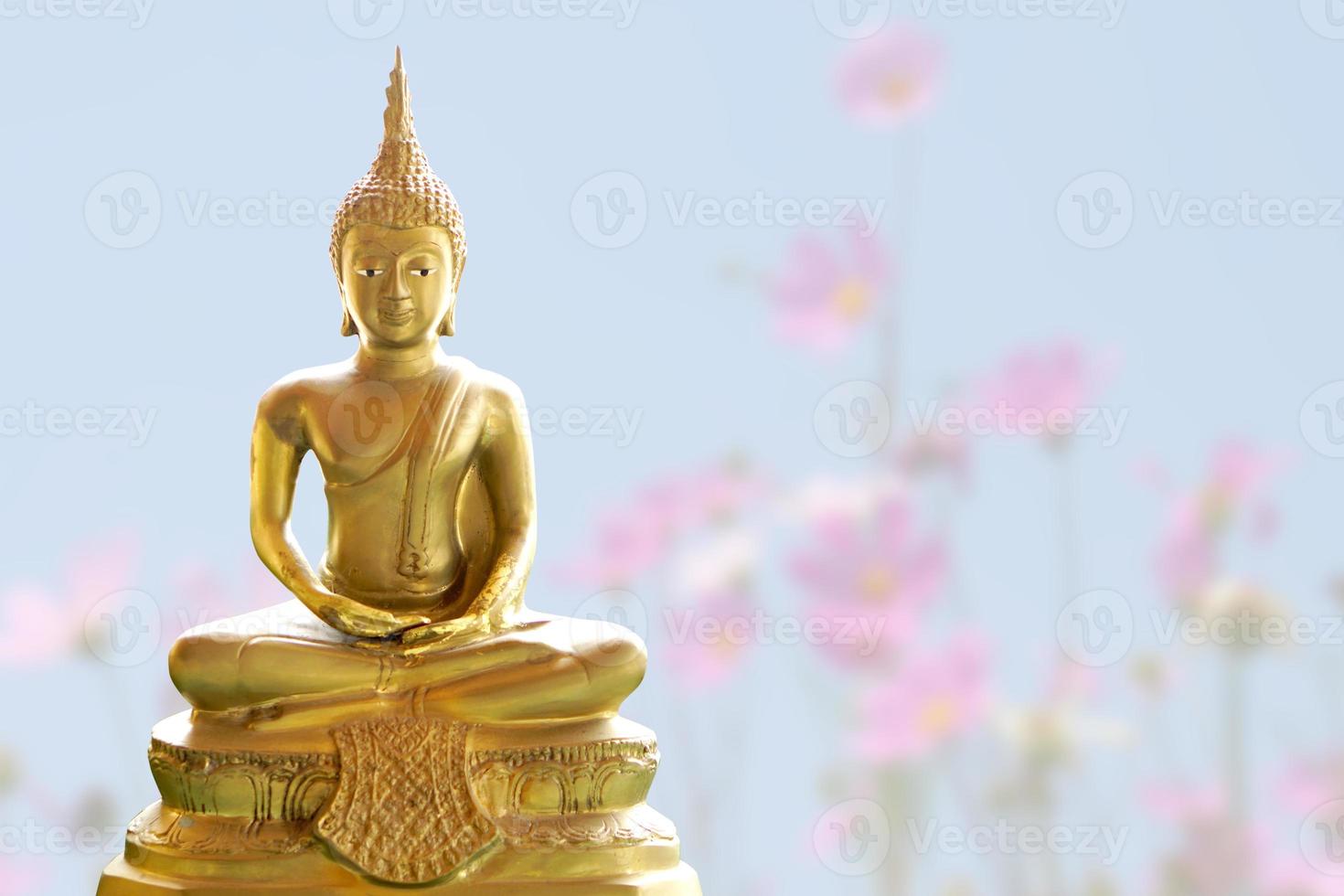 Makha Asanaha Visakha Bucha Day Golden Buddha image. Background of Bodhi leaves with shining light. Soft image and smooth focus style photo
