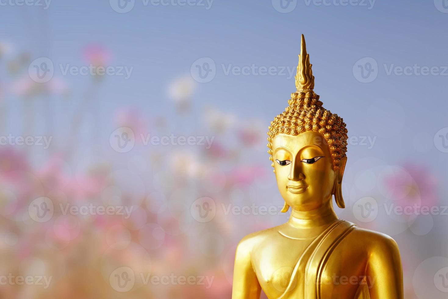 Makha Asanaha Visakha Bucha Day Golden Buddha image. Background of Bodhi leaves with shining light. Soft image and smooth focus style photo
