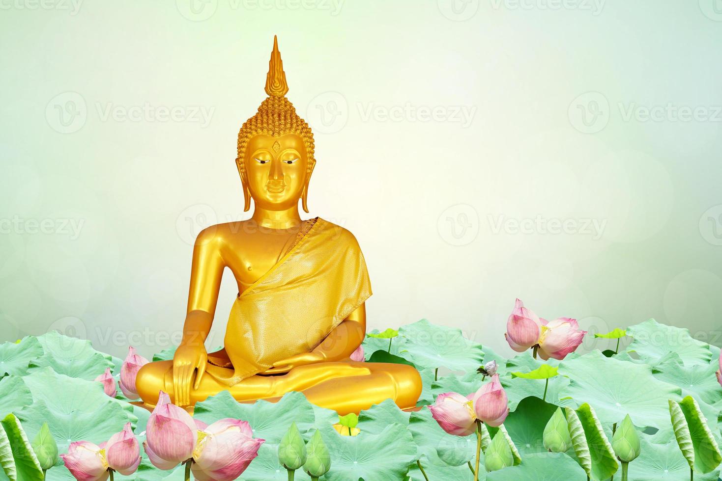 Makha Asanaha Visakha Bucha Day Golden Buddha image. Background of Bodhi leaves with shining light. Soft image and smooth focus style photo