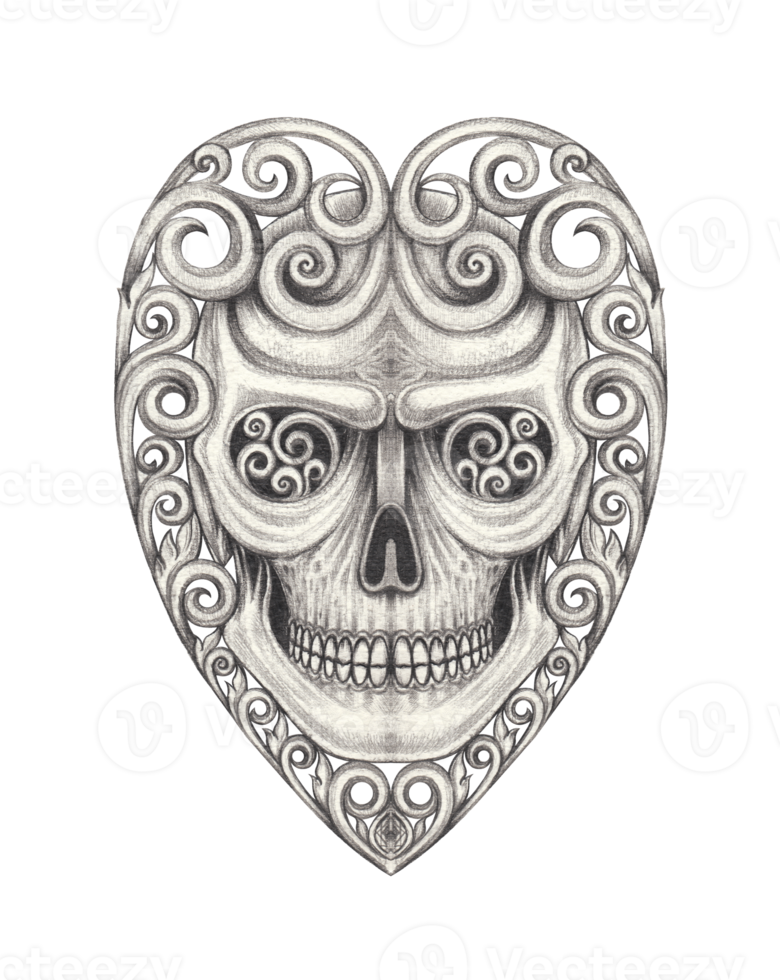 Art vintage heart mix skull. Hand drawing on paper. png