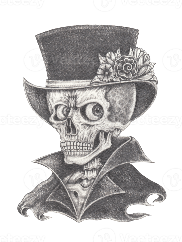 Art fancy surreal skull. Hand drawing on paper. png