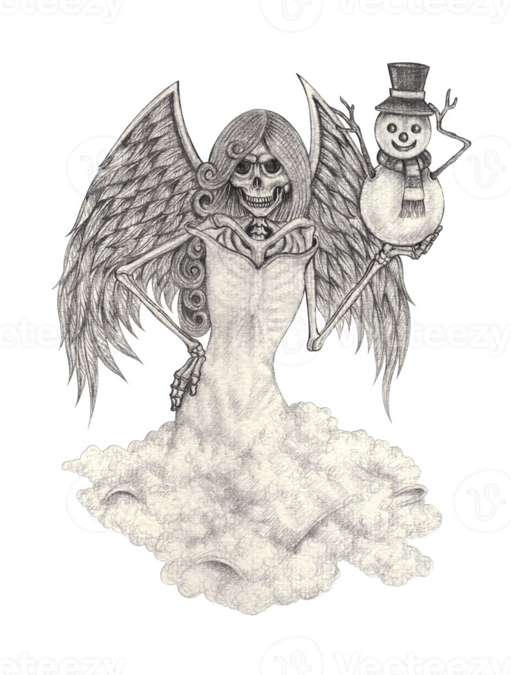 Art fantasy surreal skull angel with snowman. Hand drawing on paper. png