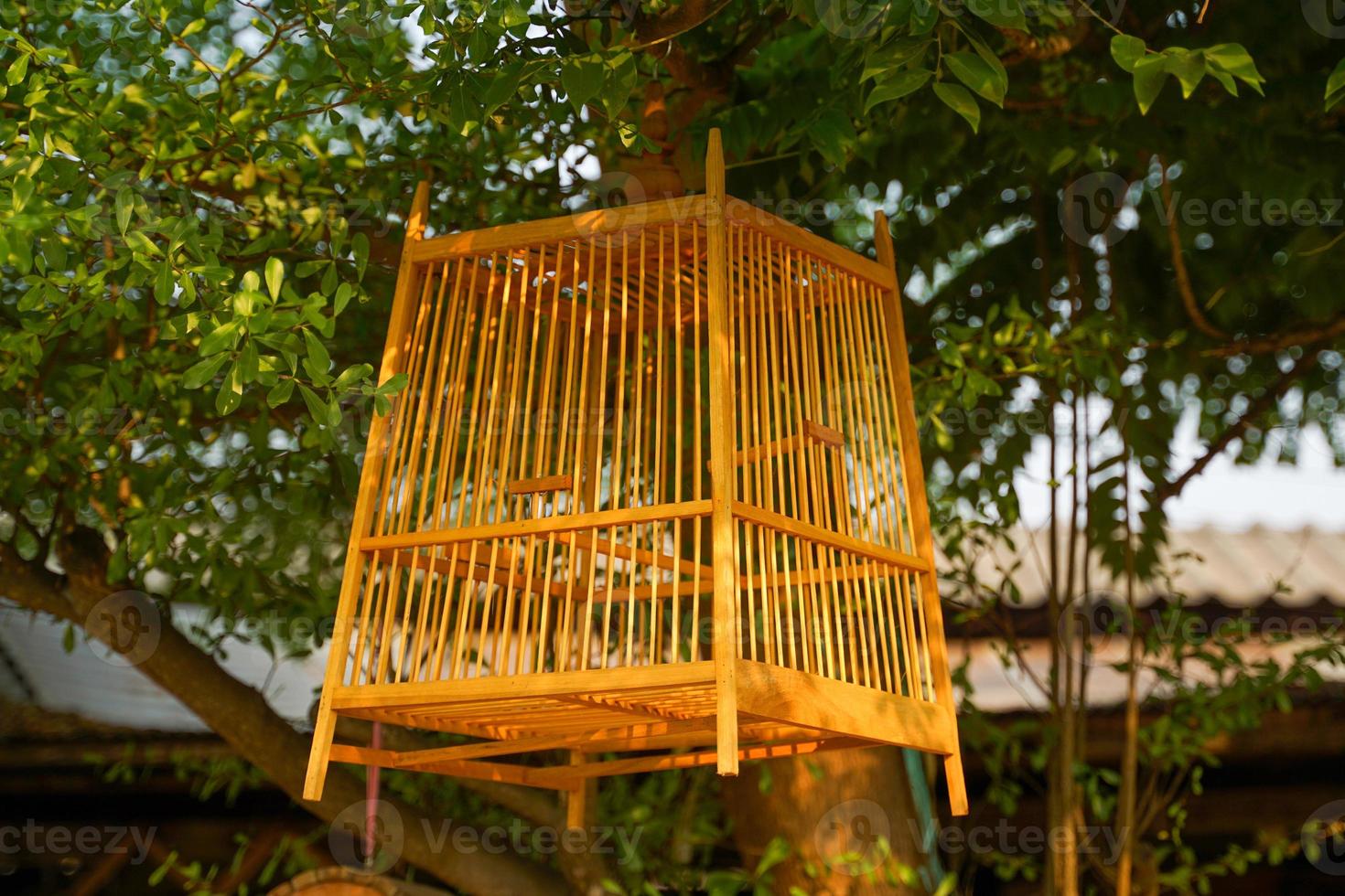 Wooden bird cage for standing or hanging with feeding compartment. The cage is entirely made of teak wood. Suitable for all types of birds. Soft and selective focus. photo