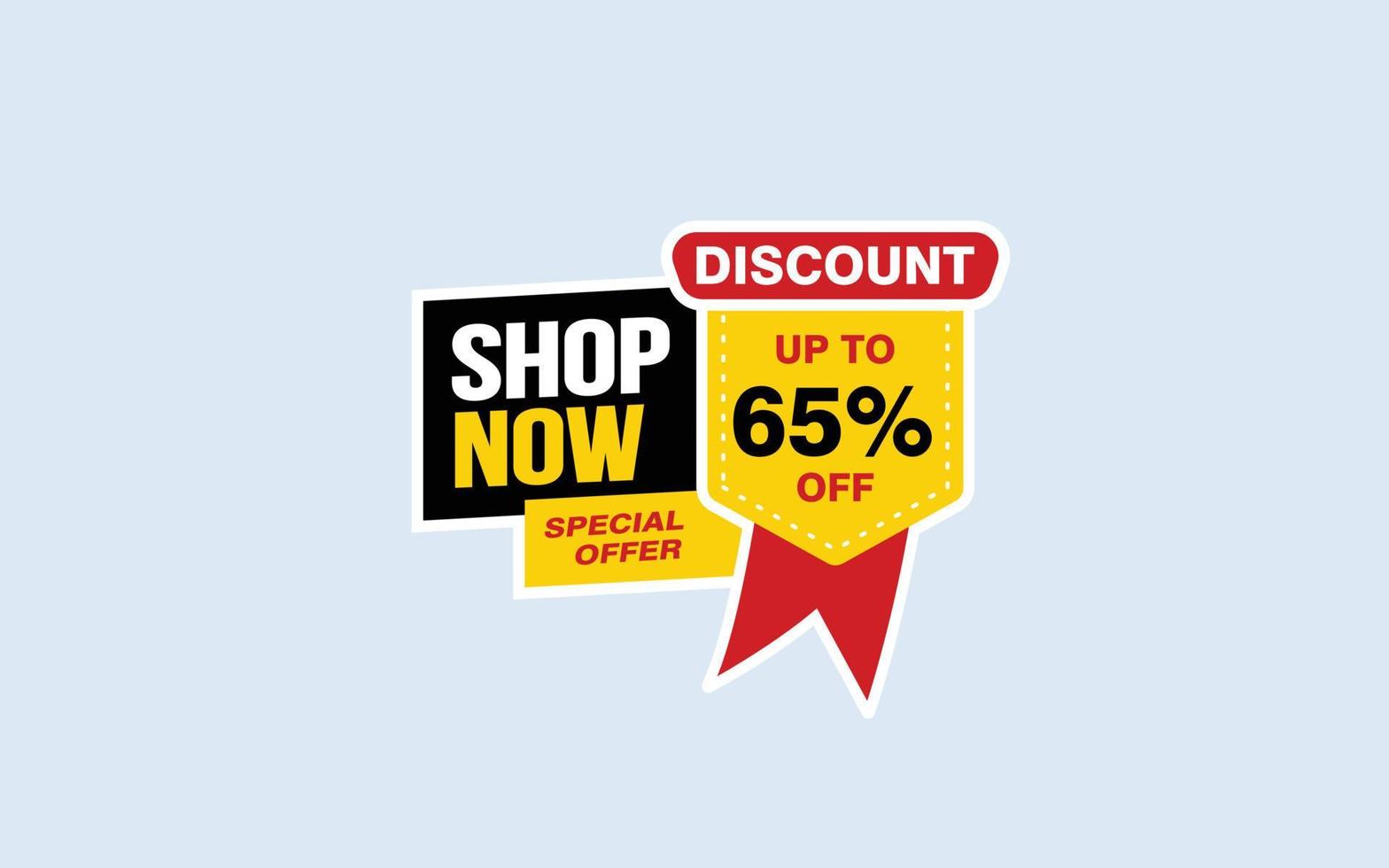 65 Percent SHOP NOW offer, clearance, promotion banner layout with sticker style. vector