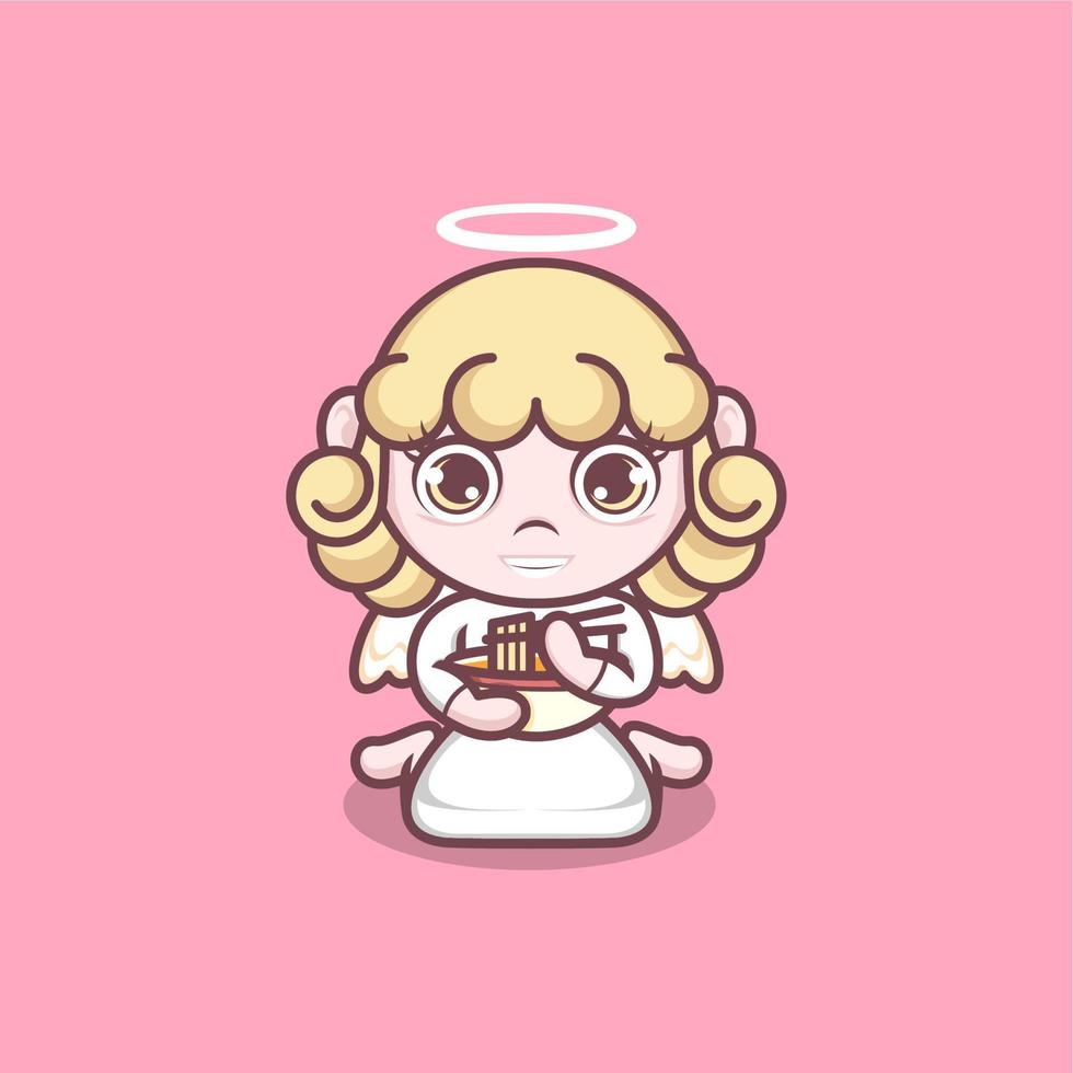 cute cartoon angel eating ramen vector